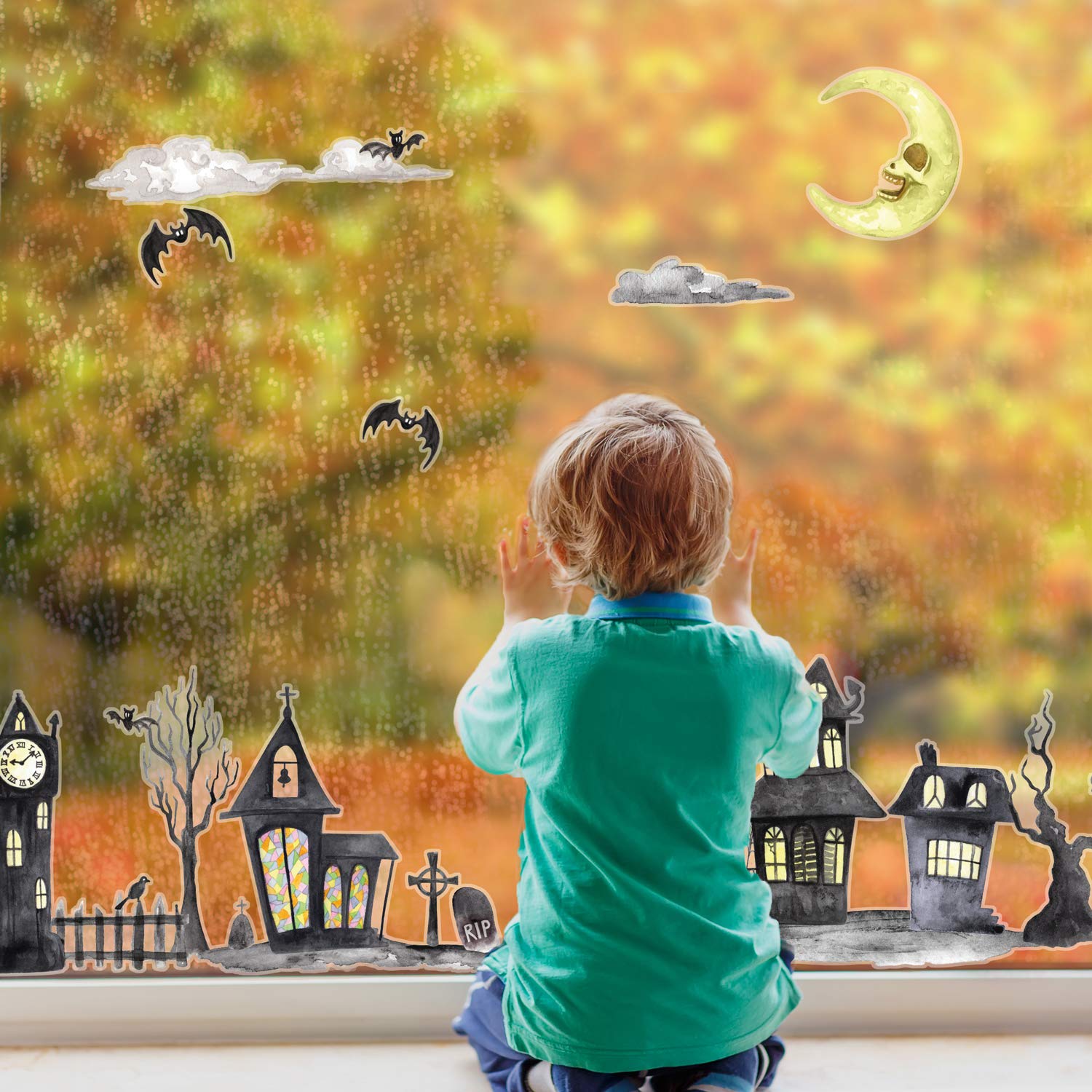 Stickerscape Night Time Haunted Village Halloween Window Stickers ( - Regular Size) | Halloween Window Decorations | Reusable And Cleanly Removable | Made In The Uk
