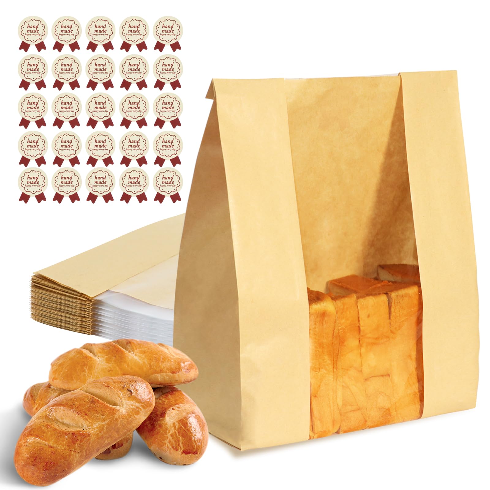 Bread Bags for Homemade Bread 25PCS Paper Sourdough Large Bakery Bags with Window for Baked Food Packaging Storage Gift Giving Includes 25PCS Label Seal Stickers 13.7x8.3x3.5in