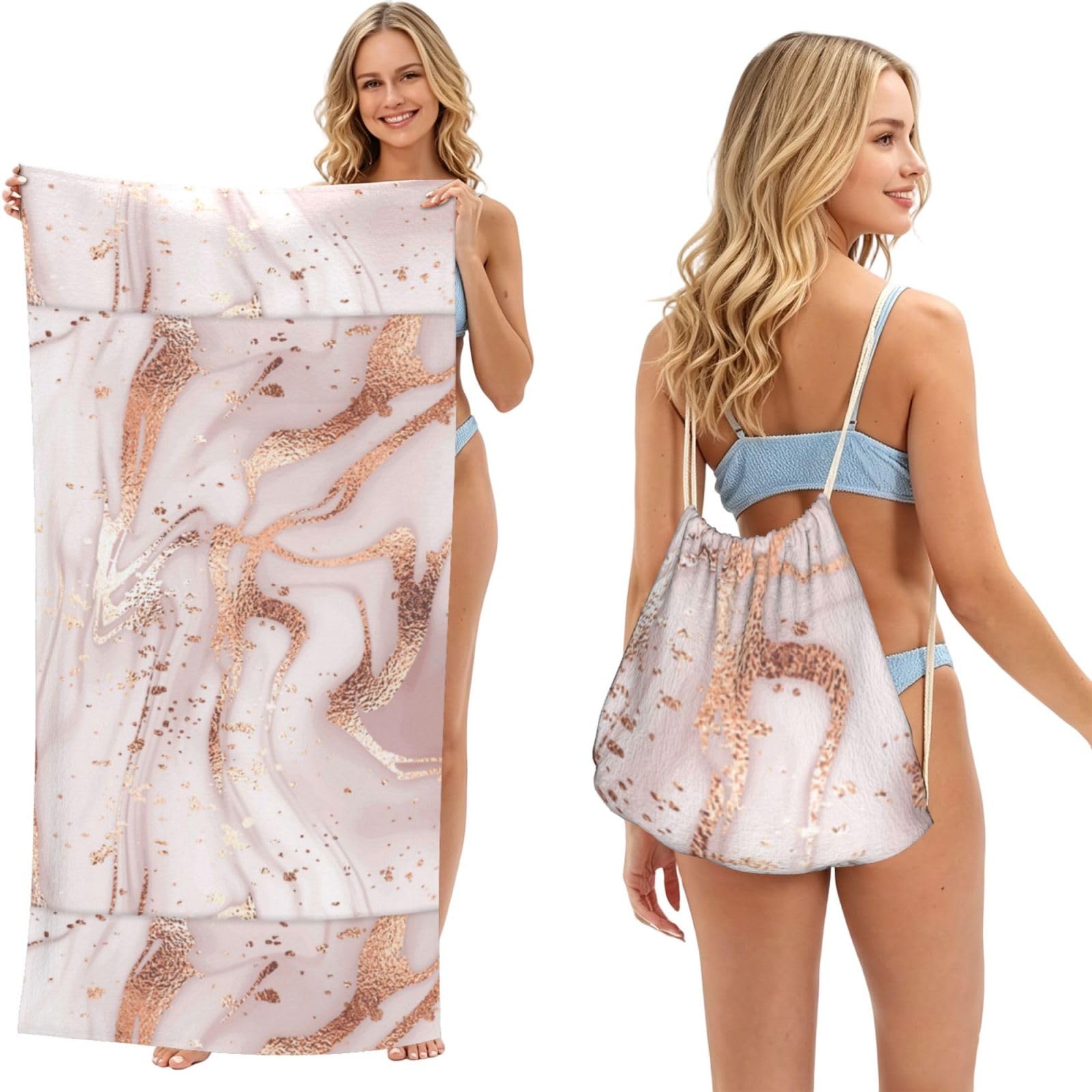 Poadnly As Picture Liquid Abstract Marble With Rose Gold Glitter Splatter Texture, 2 In 1 Packable Towel Bag, Beach Towels With Drawstring Backpack For Travel Holiday Camping