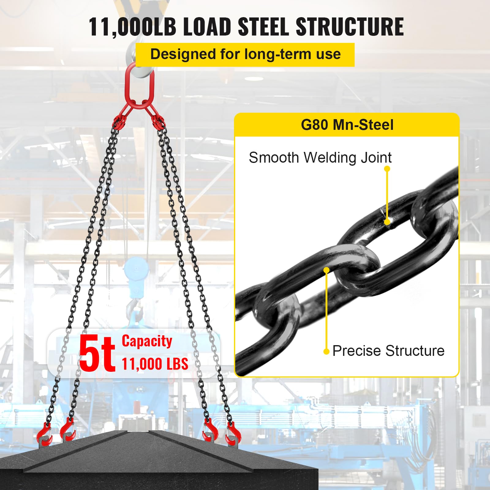 VEVOR Cadenas de Elevación de 4 Patas G80 Acero Aleado 3 m 8 mm 5 t