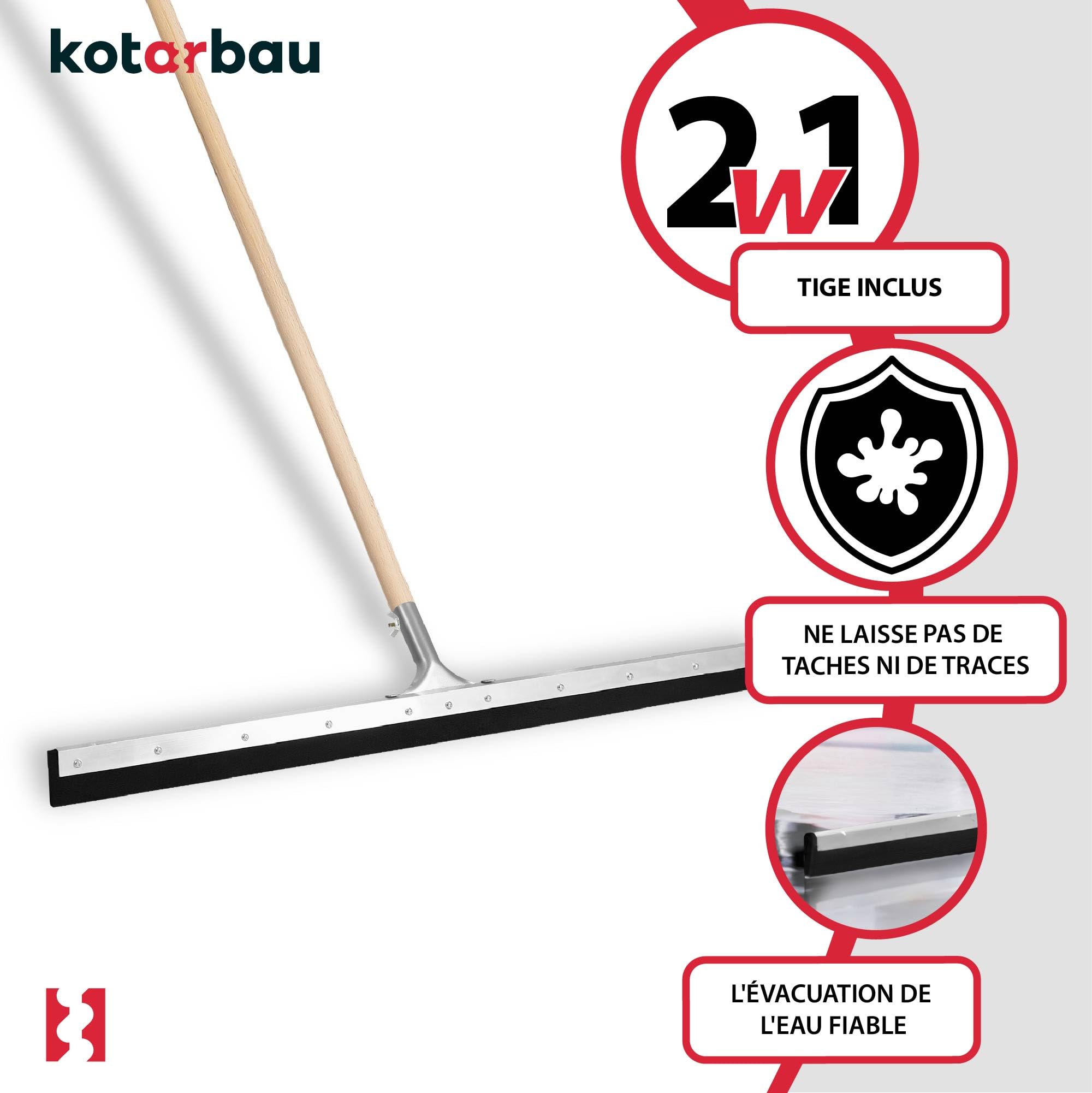 KOTARBAU® Raclette Sol - Acier - 75 cm - avec Manche en Bois 150 cm - Balai Raclette Sol Caoutchouc - Balai Mousse - Intérieur Extérieur -idéal pour Garage - Douche - Salle De Bain - Terrasse