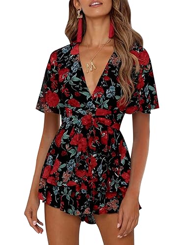 AIMCOO Women's Floral Print Deep V-Neck Romper Double Layer Ruffle