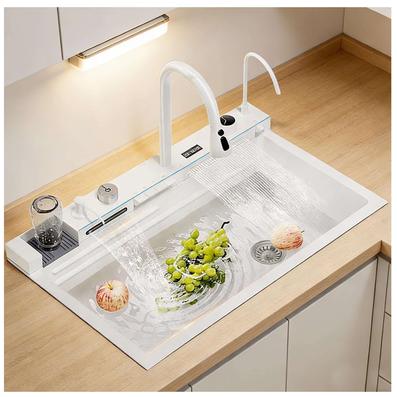 ZQFHSX Stainless Steel Kitchen Sink Multi-functional Two Waterfalls Vegetable Wash Basin With One-piece Faucet(68 * 46CM)