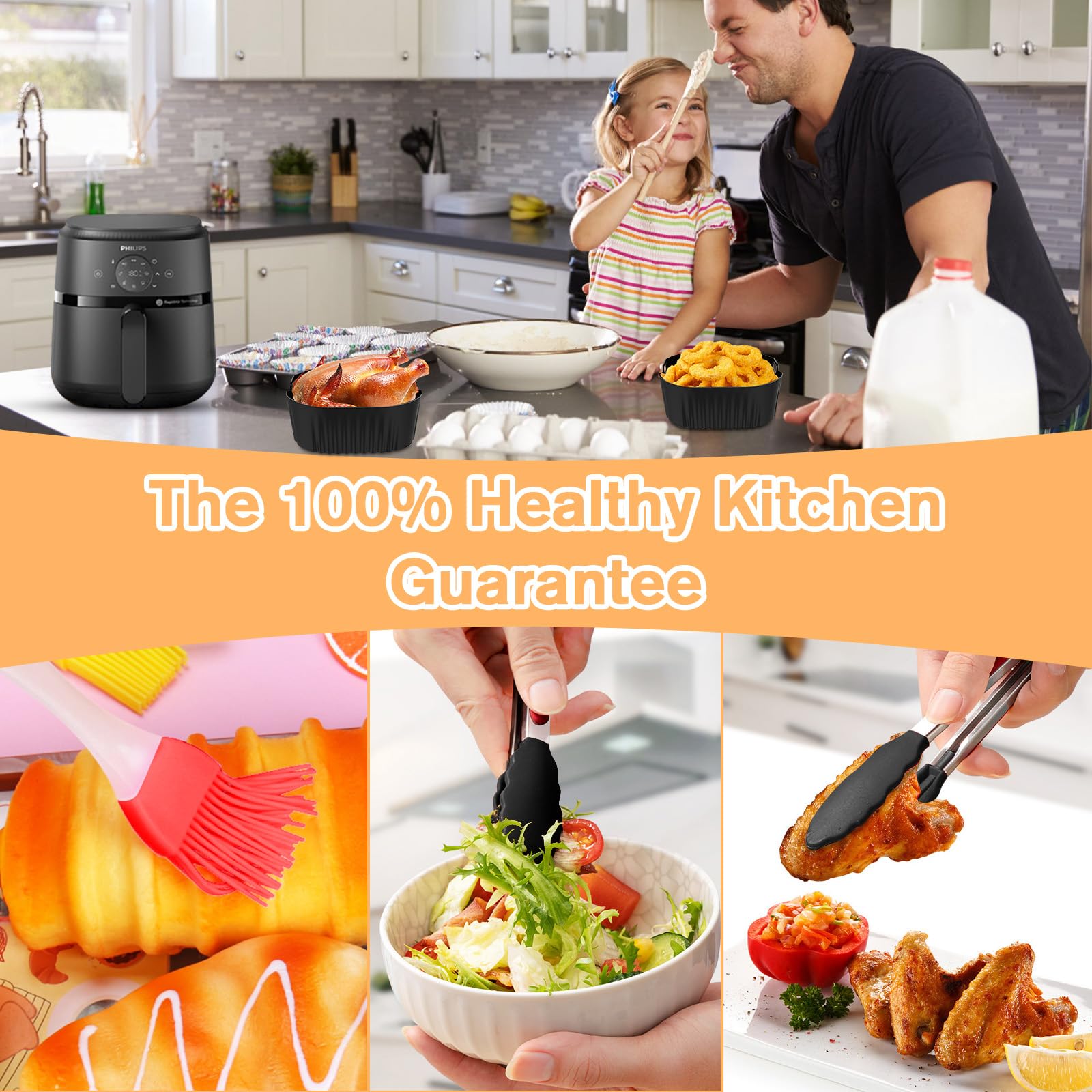 VEGCOO Philips Airfryer 4.2L Silikonform Set für NA229/00 & NA320/00 (4-teilig) - Hitzebeständig 230°C, Spülmaschinenfest, Fritteusenzubehör mit Griff & Antihaft