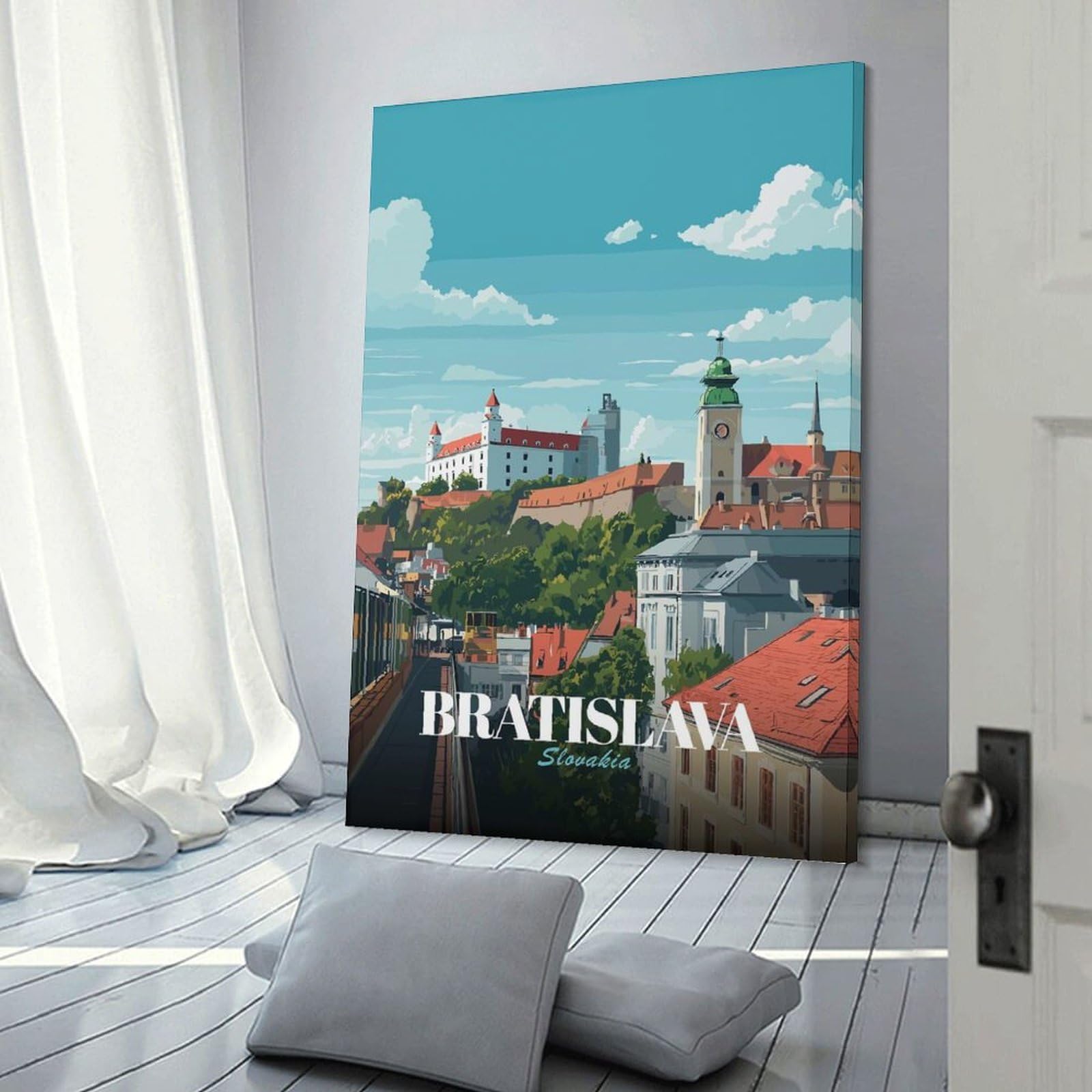 Junmoney Canvas Wall Decor Bratislava, Slovakia Cityscape Illustration, 24x36inch(60x90cm), for Bedroom Decor, Cosy Corners Or Studios, Decorative Wall Art for Cosy Rooms