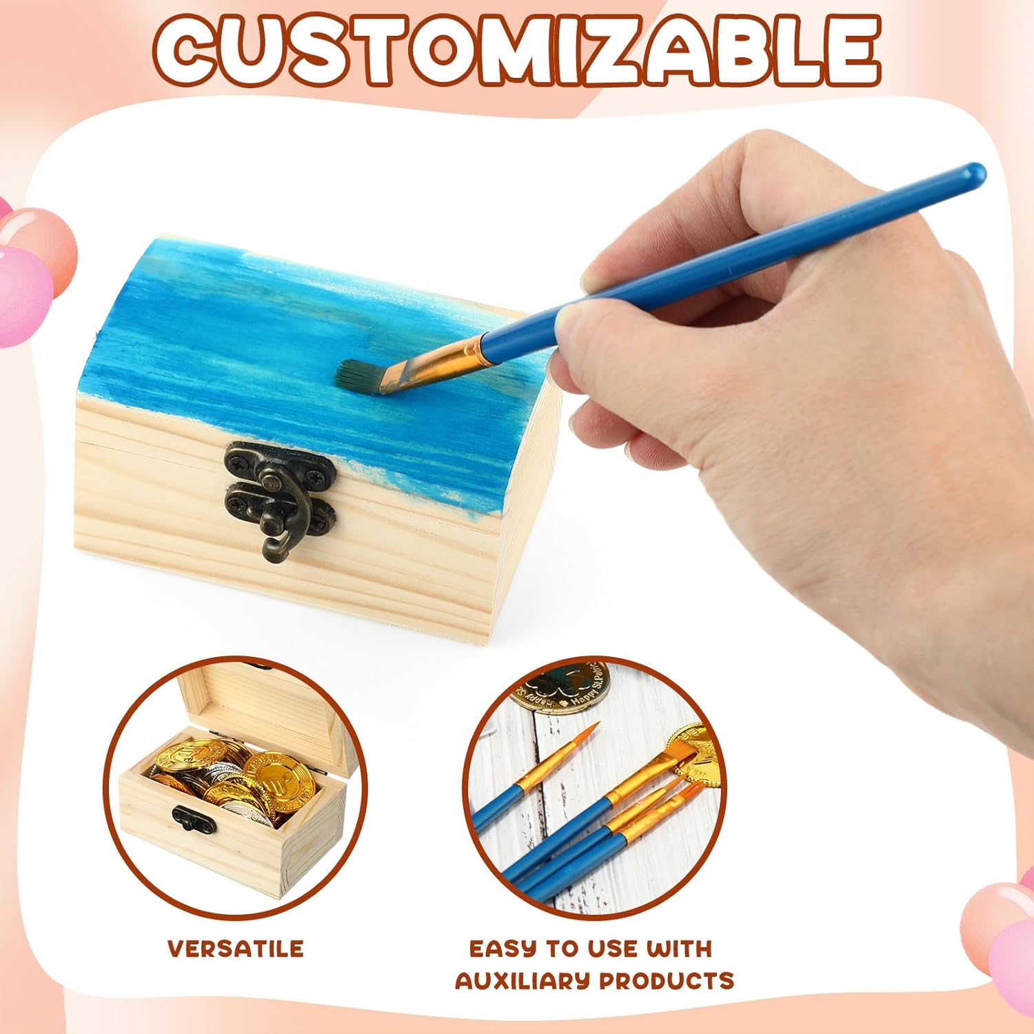 Chumia 24 Pack Unfinished Wooden Craft Boxes with 10 Paintbrushes Small Wooden Boxes Treasure Chest with Locking for DIY Pirate Decor, 3.5x2.2x2 Inch
