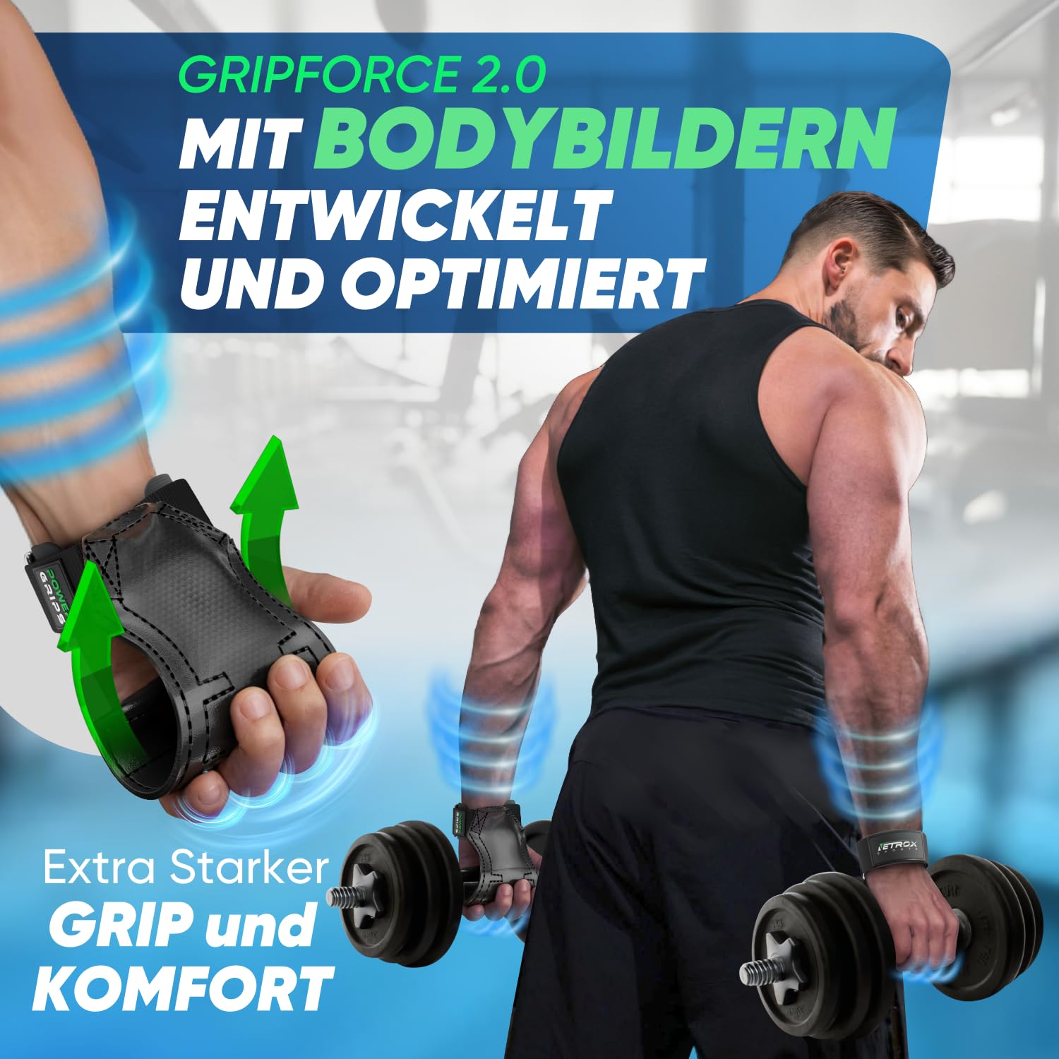 NetroxSports - Power Grips Fast Zughilfen für Krafttraining – Fitness Lifting Straps für Kreuzheben, Bodybuilding mit Handgelenkschutz - Grip Zughilfe, Zughilfen Gym, Griffhilfen Männer & Frauen