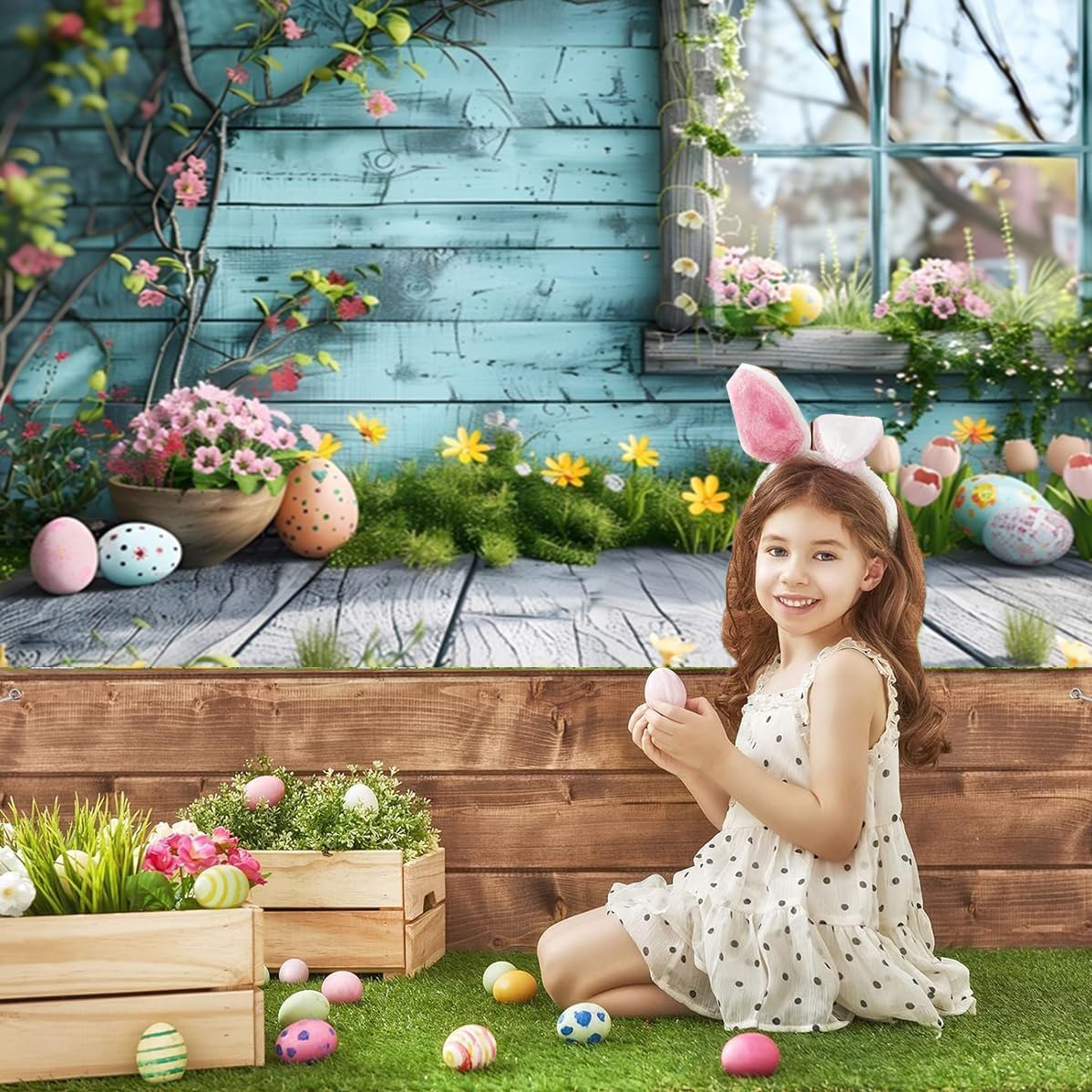 Spring Easter Backdrop 12x10ft Spring Window Flower Wooden Wall Easter Backdrops for Photography Birthday Newborn Baby Shower Background Portrait Photo Booth Props Party Decorations