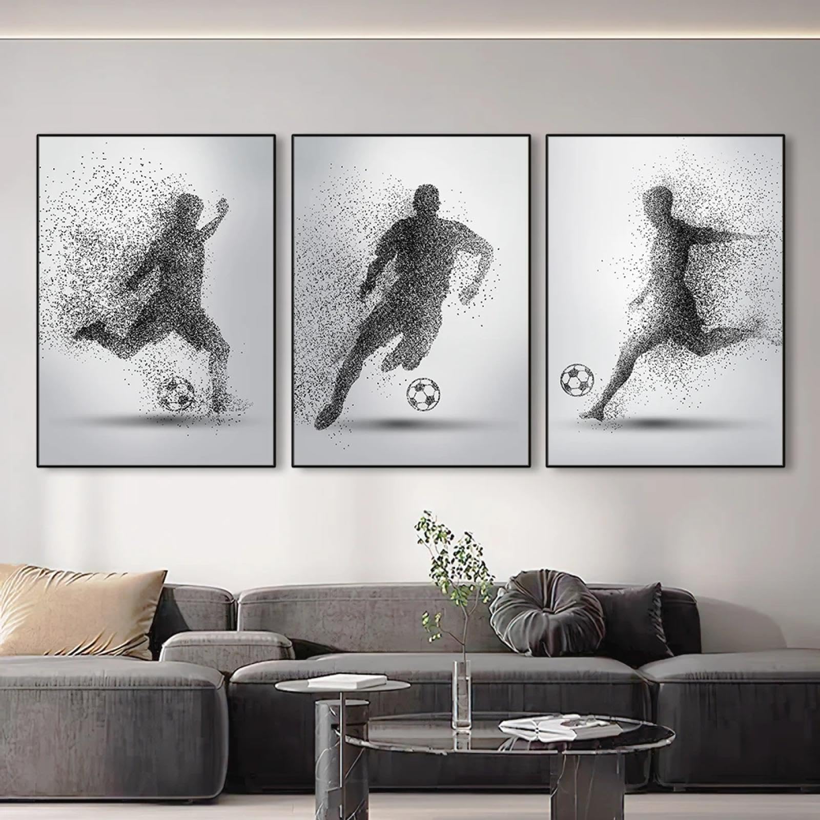 GELYX Black and White Particle Sports Football Poster Soccer Player Art Prints Canvas Wall Art Painting for Living Room Home Decor 40x60cmx3 Frameless
