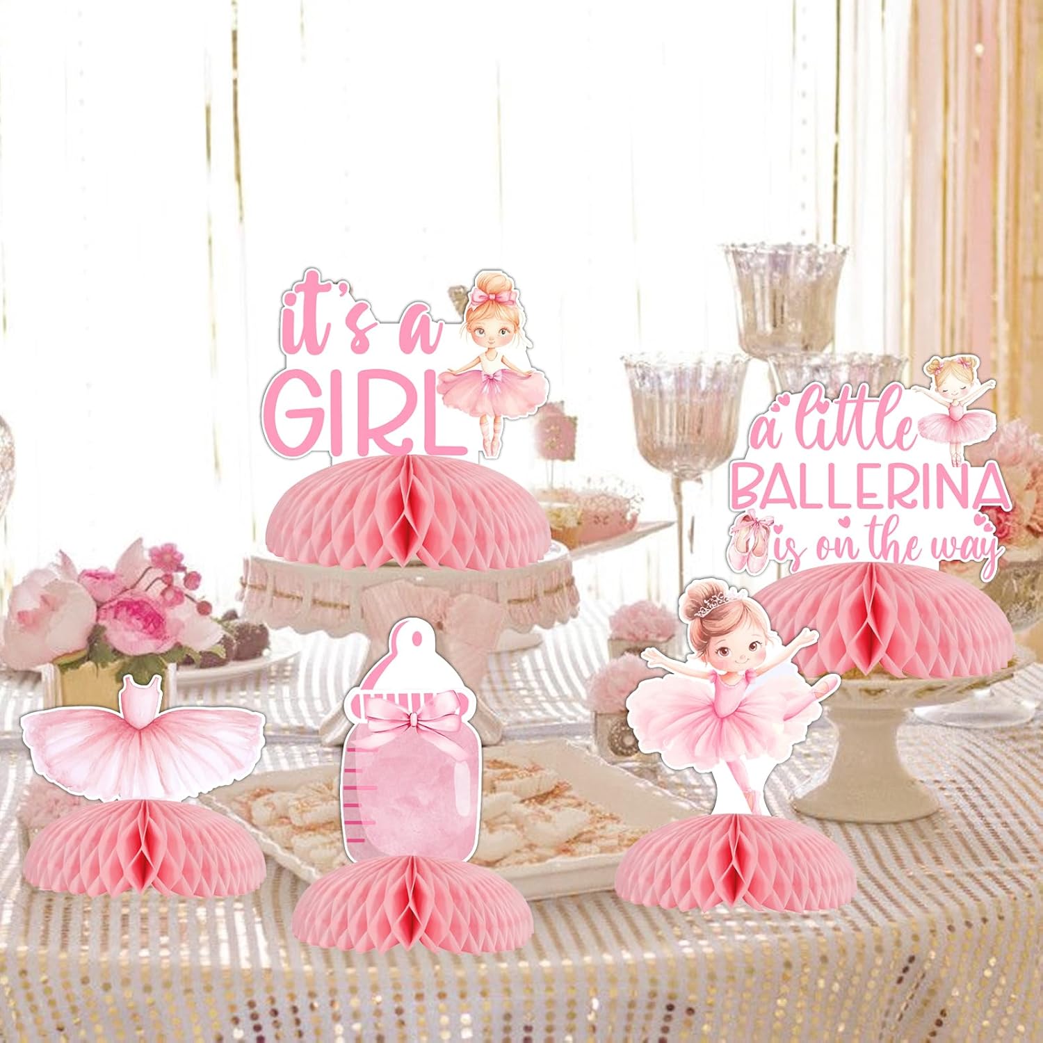 Funmemoir Ballerina Baby Shower Decorations for Girl, 8pcs Ballerina Baby Shower Honeycomb Centerpiece A Little Ballerina Is One The Way Table Decorations for Ballet Dancer Ballerina Theme Baby Shower