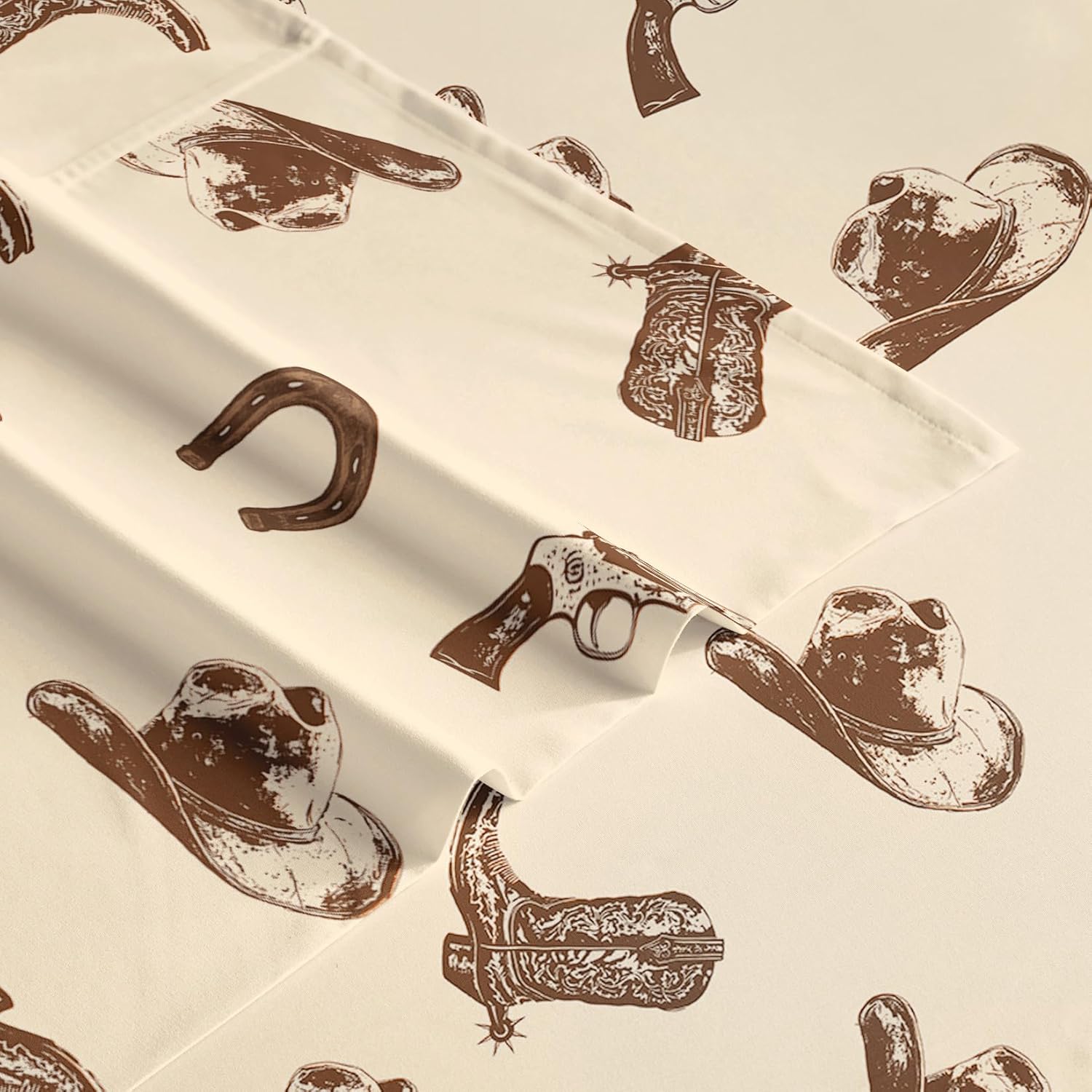 Wake In Cloud - Western Bed Sheets, 4-Piece Sheet Set, Rustic Ranch Style with Cowboy Southwestern Vintage Country Pattern Printed Bedding, Deep Pocket, Beige Brown, Queen Size