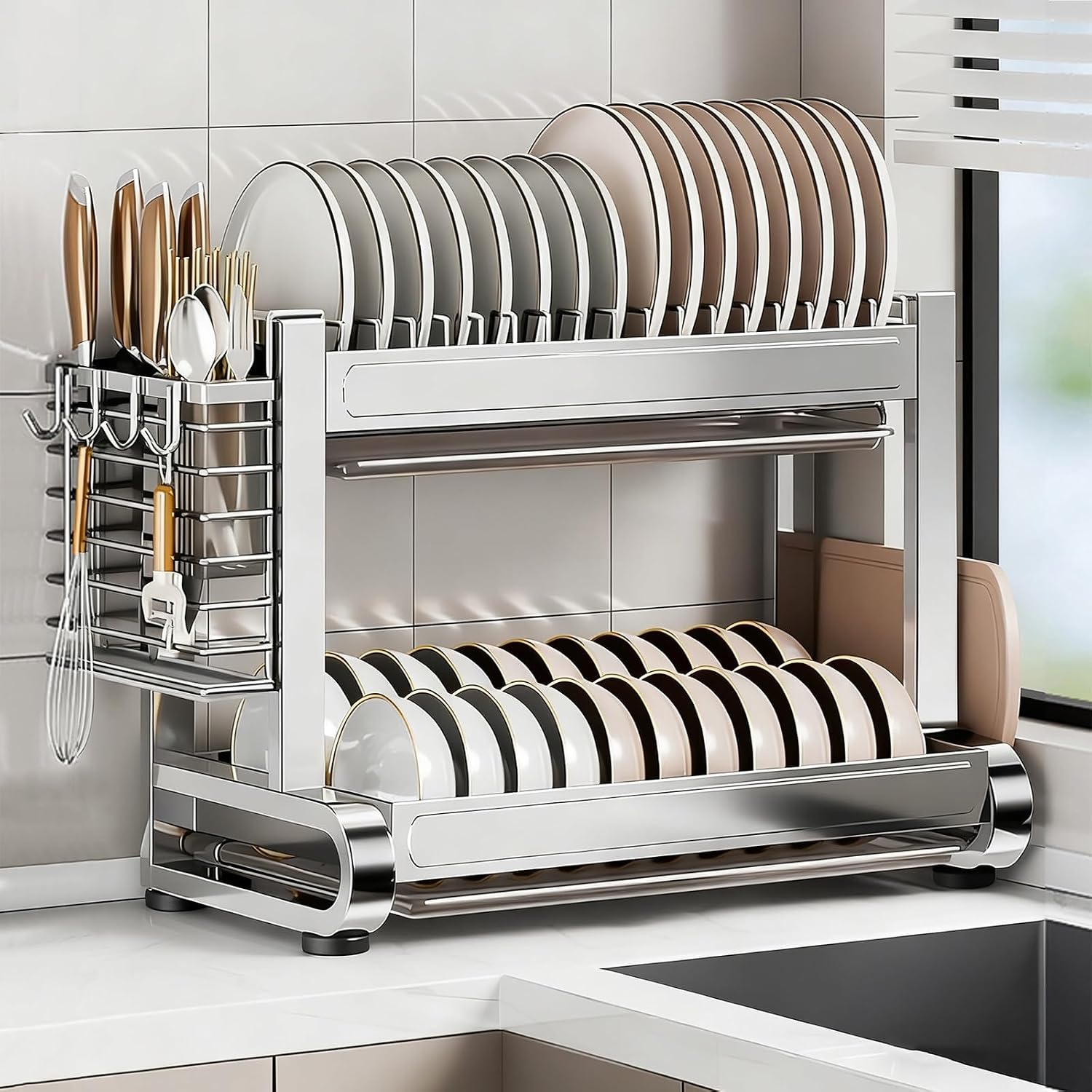 Countertop Dish Drying Rack, 2/3-Tier Stainless Steel Dish Drainer with Drain Tray, Kitchen Utensil Holder, Saves Space, Ease of Use, Suitable for Home(Silver 1,43cm/16.9in) Silver 1 43cm/16.9in - Image 1 of 7