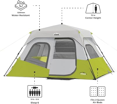 CORE Instant Cabin Tents | Family Cabin Multi Room Pop Up Tents Car Camping | Included Storage Pockets for Camping Accessories