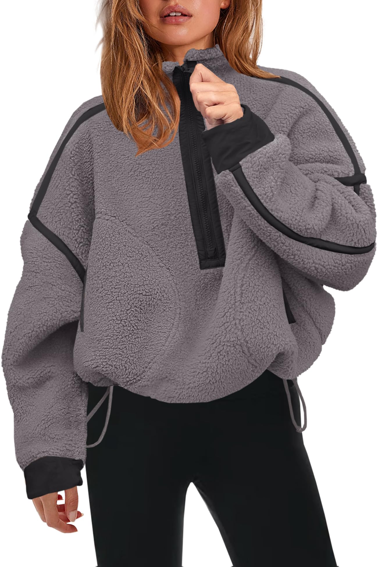 Panadila Womens Half Zip Sherpa Fleece Pullover Soft Oversized Sweatshirt with Pockets Warm Fuzzy Sweater, Dark Grey, Medium