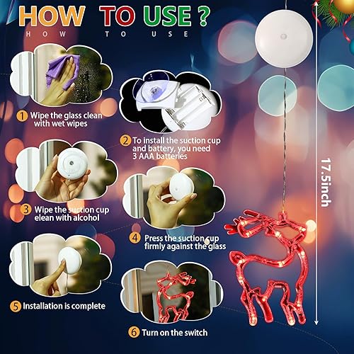 Miniatura 3 de Baquler 6 piezas de luces de ventana de Navidad con ventosa, luces colgantes para ventanas de Navidad que funcionan con pilas, Santa, reno, muñeco