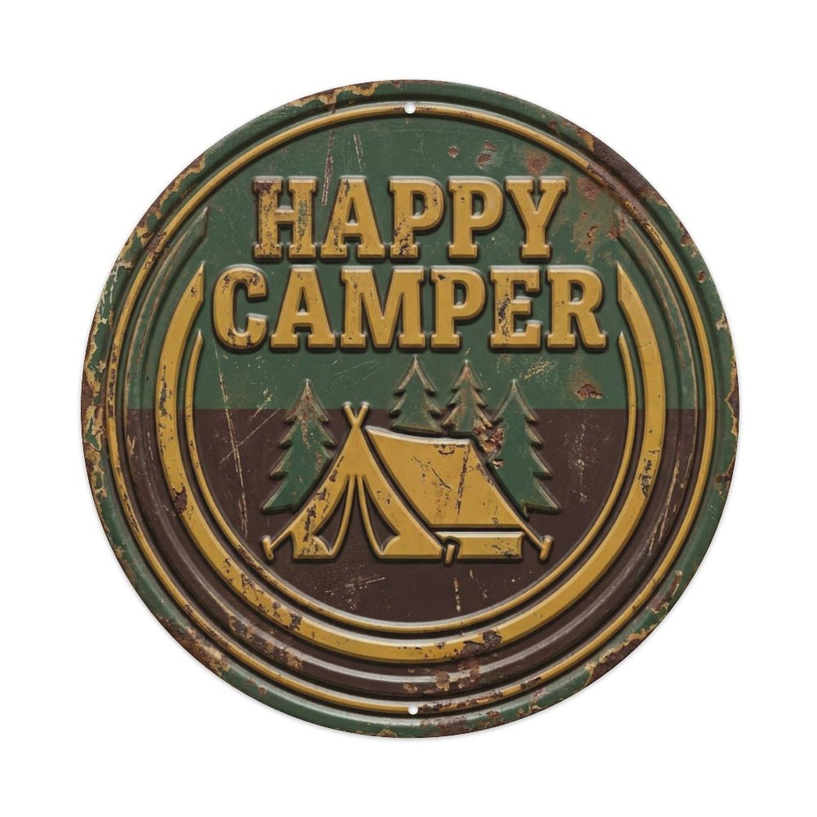 Happy Camper Nostalgic Living Display Retro Slogans Vintage Metal Tin Sign Plaque Wall Decor for Cafe, Club, Garden Round Metal Poster 8x8Inch
