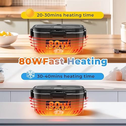 Miniatura 3 de Fiambrera eléctrica para adultos, 80 W, lonchera calentada de acero inoxidable de 1.5 L, lonchera calentable para hombres, calentador de alimentos