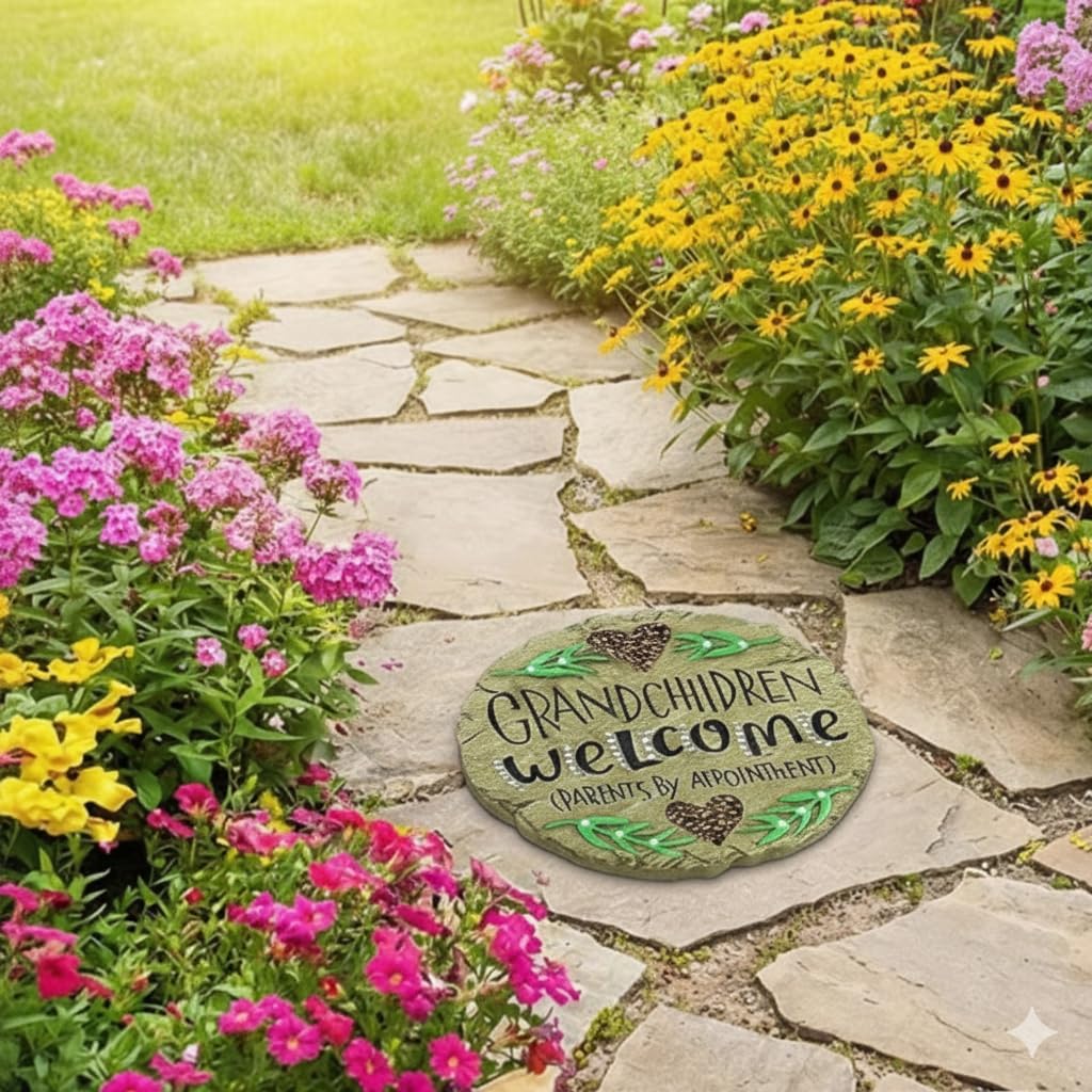 Carson Welcome Garden Stone, Garden Decor Stepping Stones with Beadworks Decorative Home Accent, Round, 9.5 x 9.5 inches