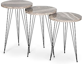 Bravich Set of 3 Side Coffee Tables, Nesting Tables, End Tables, for Living Room, Dining Room, Bedroom, Modern Style, Metal Legs, Grey Marble Effect Top