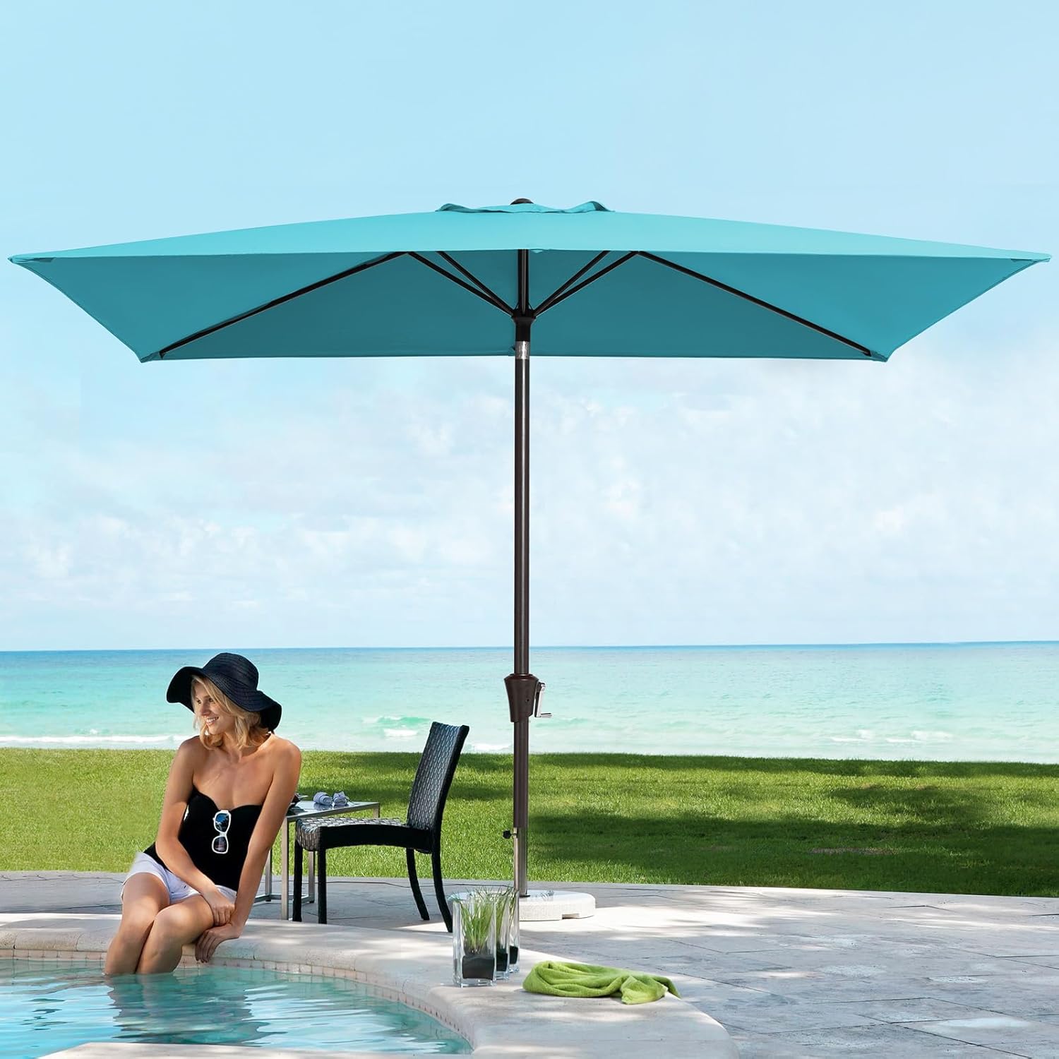 JEAREY 6.5x10ft Olefin Rectangular Patio Umbrella, Rectangle Outdoor Umbrellas with Auto Tilt Crank System, Market Table Umbrella UV Protection Fade-Resistant for Pool Deck Garden Yard, Lake Blue