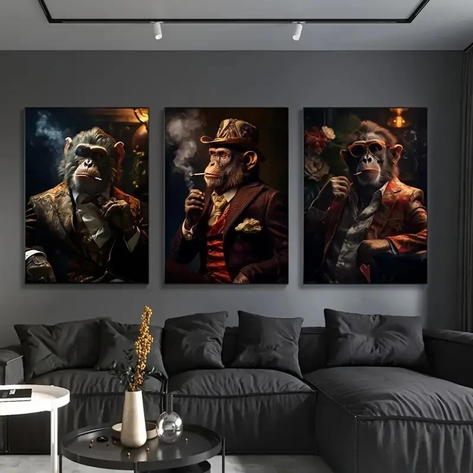 Kemeiqi Frameless Abstract Monkey Canvas Poster Printing Modern Gangster Monkey Canvas Painting Animal Wall For Living Room Home Decor 60X90cmx3