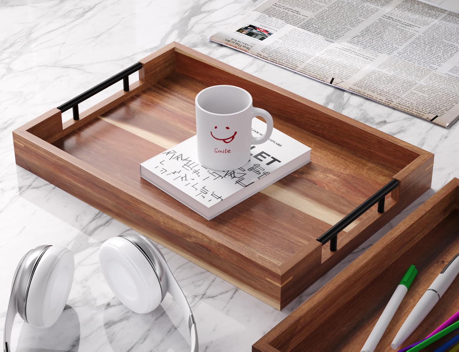 Juego de 2 bandejas de madera de acacia con asas de metal, bandejas decorativas otomanas para mesa de café, sala de estar, bar, fiesta