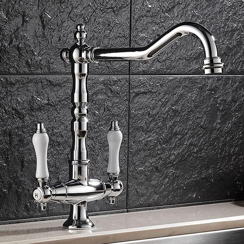 Kitchen Sink Faucet for Bar Farmhouse Commercial, Deck Mounted Dual Handle Hot Cold Water Mixer Kitchen Antique Bronze Finish Kitchen Crane, Single Hole Tap(Chrome)