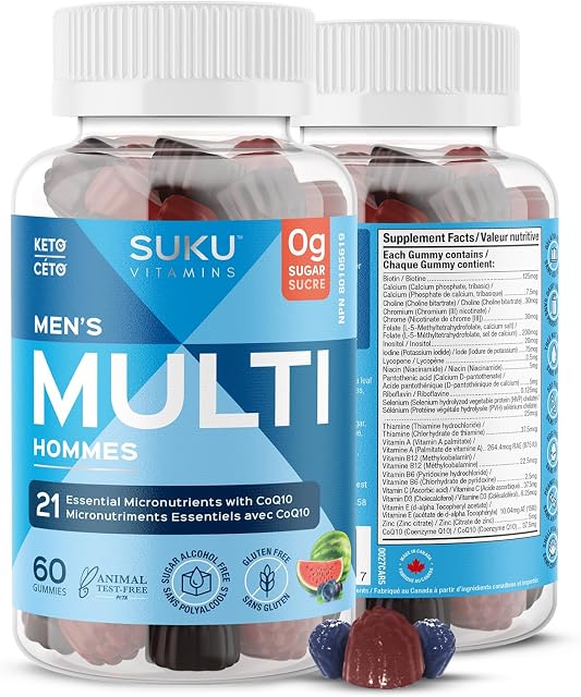 SUKU Vitamins - Hommes multivitamines, sans sucre, kéto, tous naturels, 22 Vitamines/minéraux essentiels, C0Q10 Supplément gommy pour soutenir les hommes santé de la prostate, l'immunité et la fonction hépatique (60 Compte)