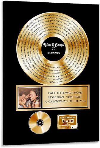 Placa de disco de vinilo dorada personalizada, letras de canciones musicales personalizadas, cartel de lienzo con fecha de nombre de foto, regalos
