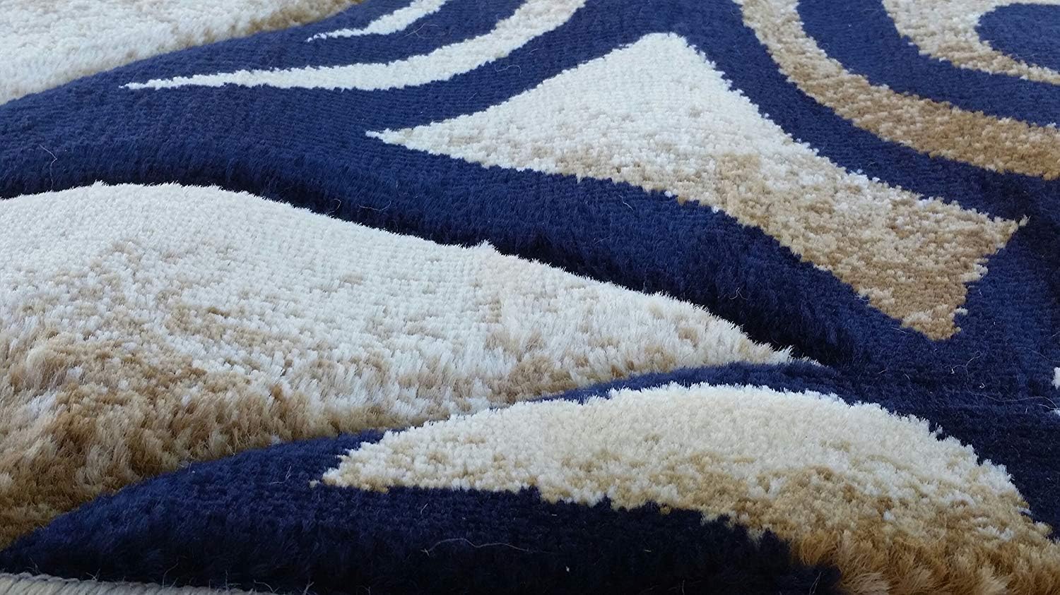 Modern Runner Contemporary Area Rug Navy Blue Beige Swirl Design 341 (2 Feet X 7 Feet 3 Inch)
