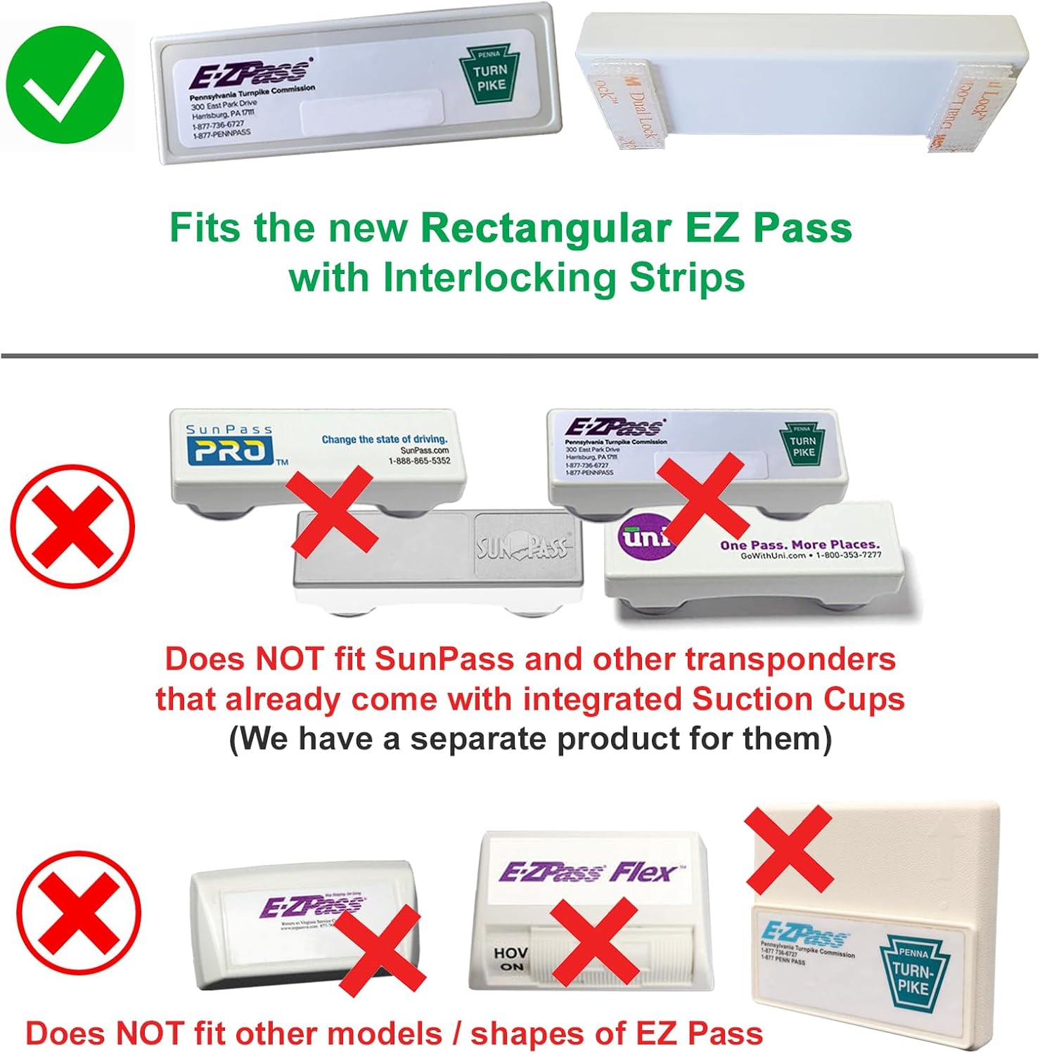Silicone Skin + Holders for The New Rectangular EZ Pass with Interlocking Strips (NJ, PA...) - Includes Strong Suction Cups for an All-Black Look Without Adhesive on Your Windshield