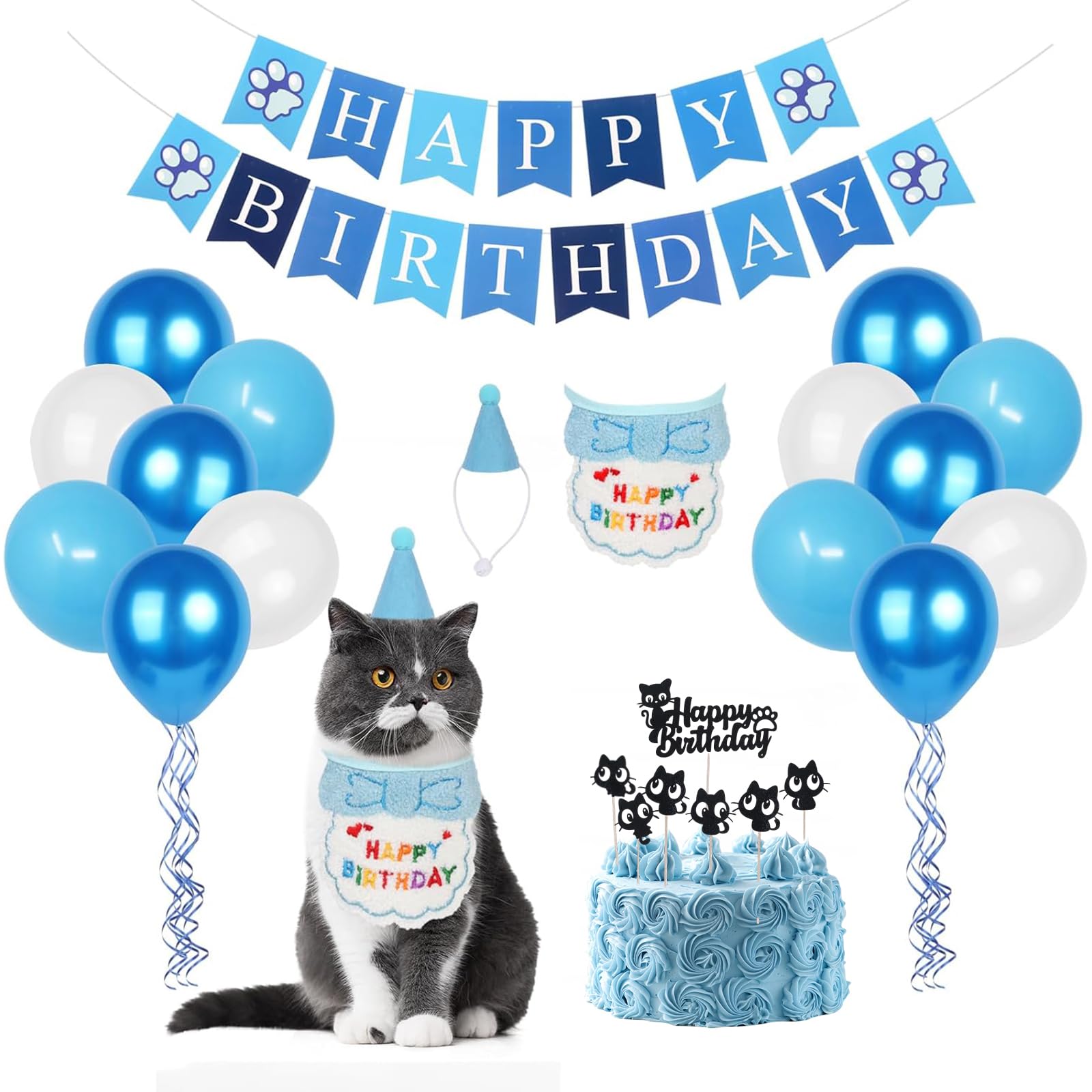 Pxvelcn Cat Birthday Hat Bandana, Cat Birthday Outfit Cute (Sky Blue)