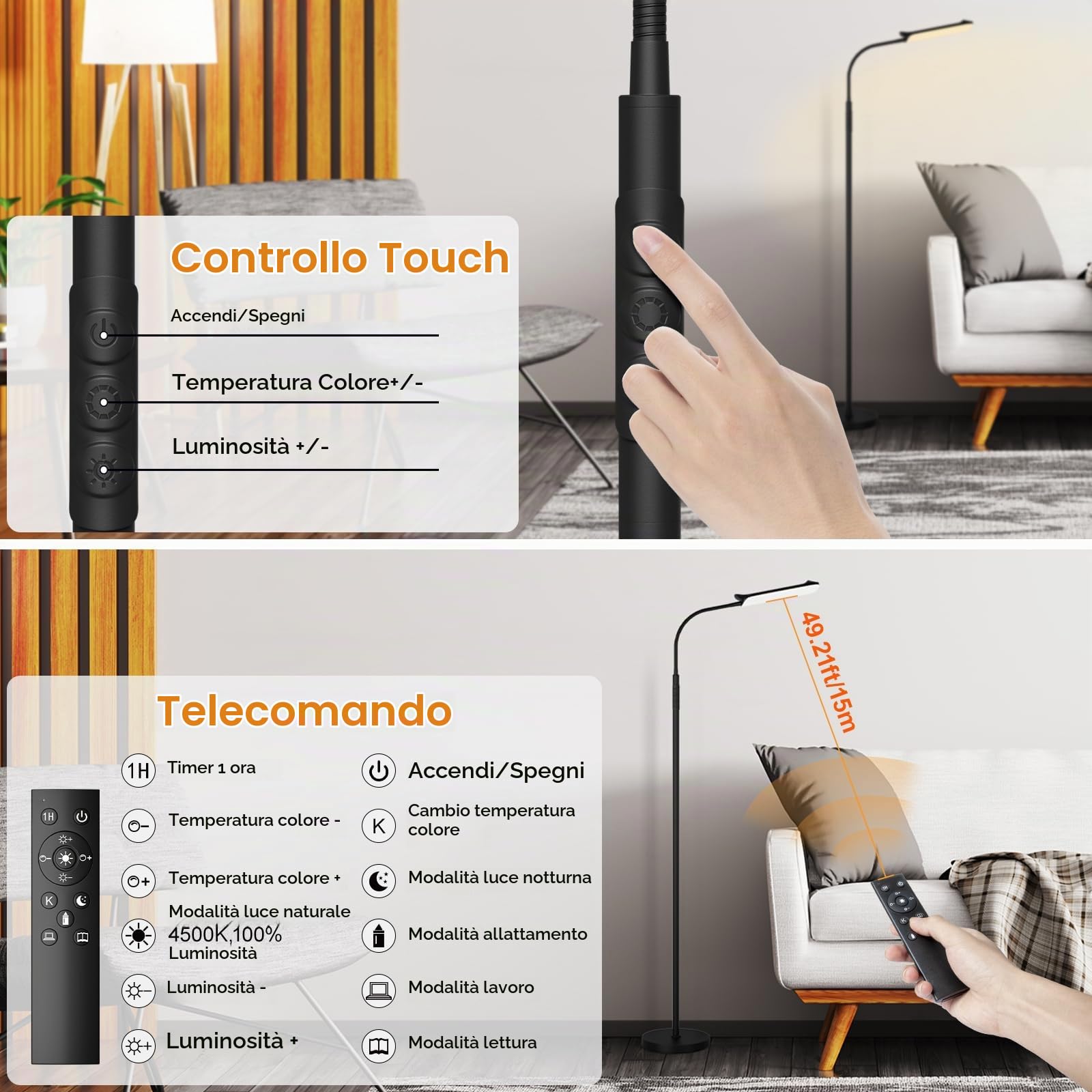 Lampada da Terra LED Dimmerabile: 18W Piantana 4 Temperature di Colore e 4 Luminosità con Telecomando - Timer 1H - Lampada da Salotto a Collo d'Oca Flessibile (Nero)