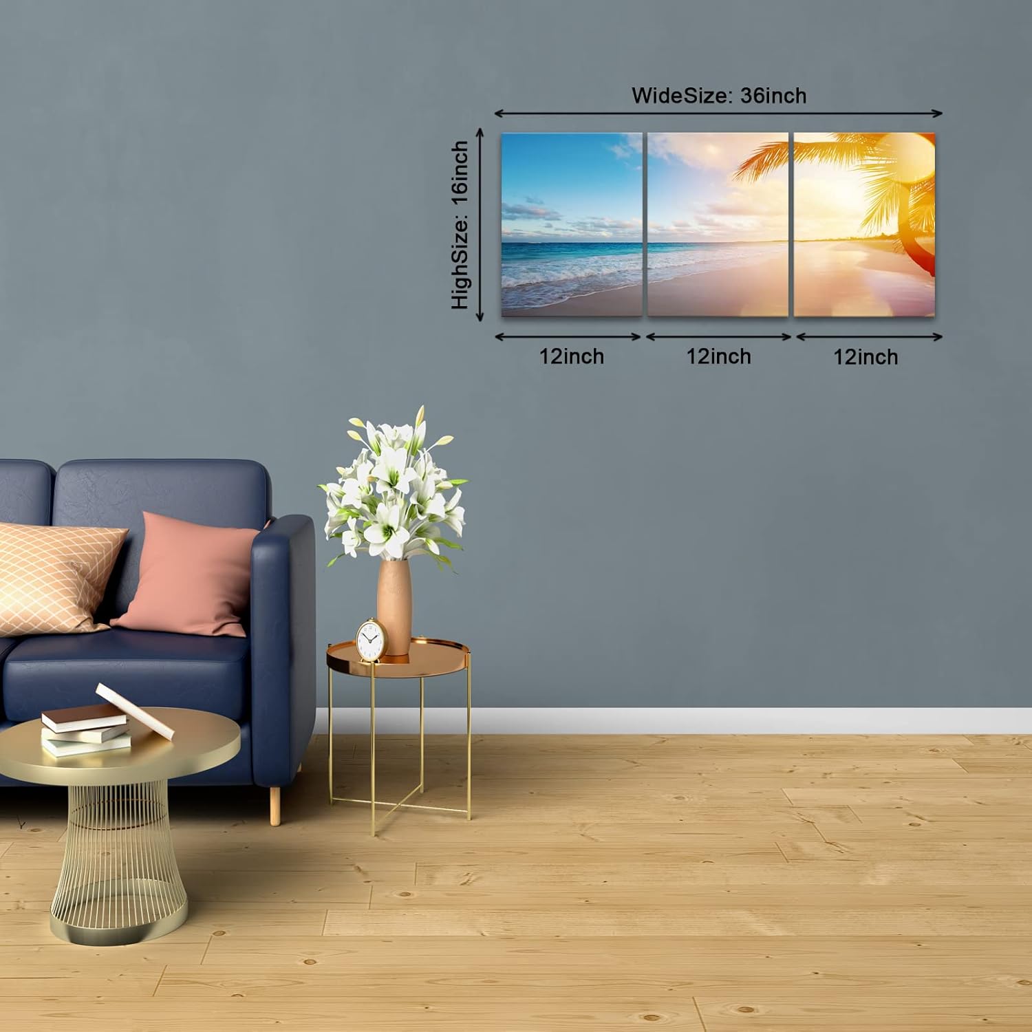 KAWAHONE Ocean Beach Canvas Wall Art, Sunset Blue Sky Landscape Coconut Tree Poster Framed, Canvas Painting Printing Picture for Home Bedroom Bathroom, 12" x 16" x 3 PCS 3p-lanhai 12" x 16" x 3 PCS