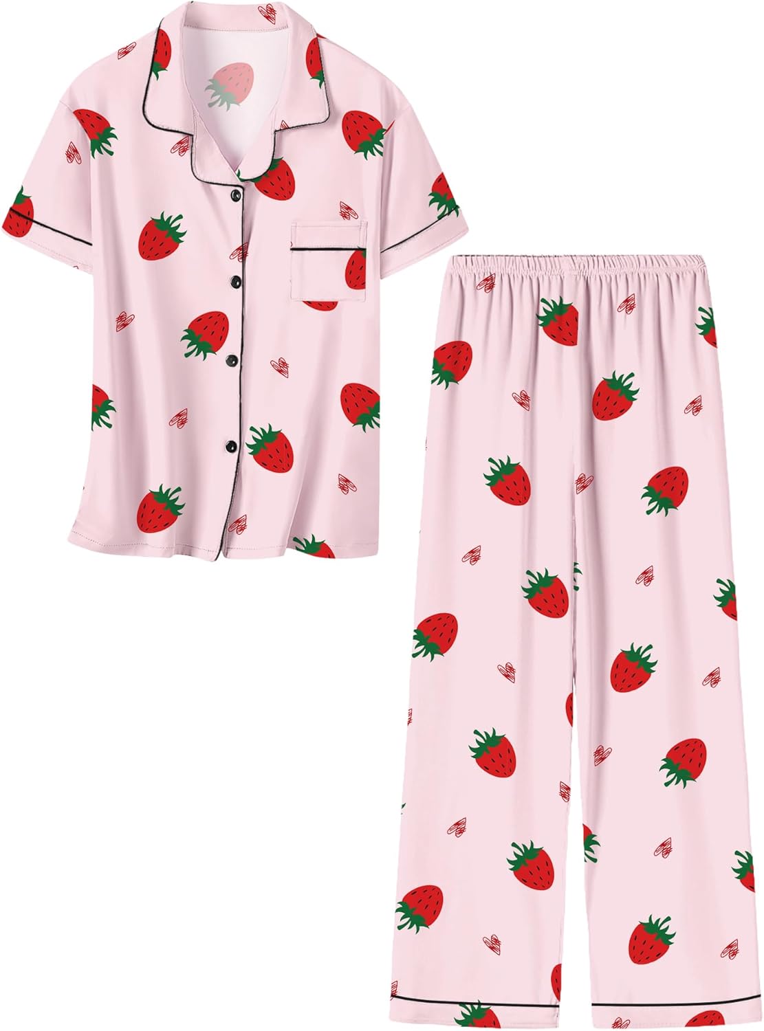 Umeyda Girls Pajamas Set Button Down Notch Collar Soft Short Sleeve Pjs Set with Long Pant Set Lounge Set