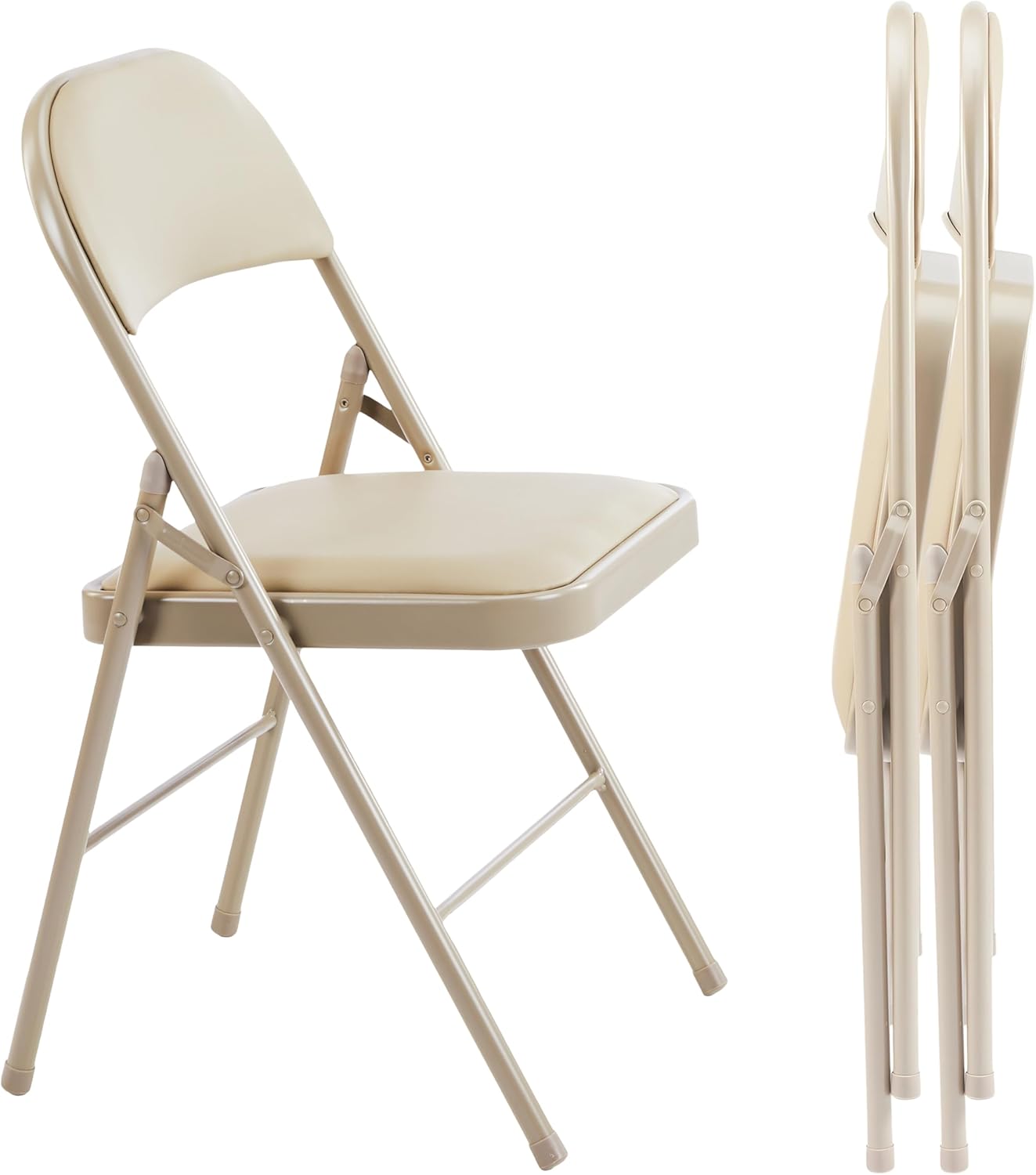 InfiniPower 2 Pack Folding Chairs with Leather Padded Cushion Seats & Durable Metal Frame, Comfortable, Foldable, Portable, Indoor Outdoor for Parties, Home, Office, Commercial Event Seat, Kahki