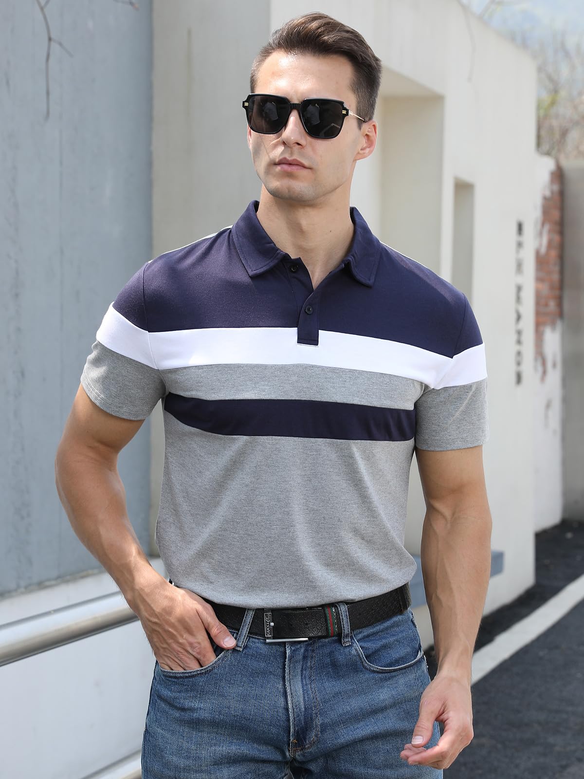 Polo Hombre Manga Corta Rayas Camisa Color en Contraste Poloshirt Casual