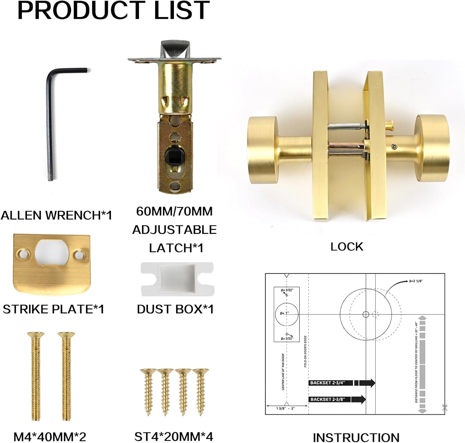 Brushed Satin Brass Golden Privacy Door Knob with Reversible Keyless Push Lock Modern Rectangle Interior Handle for Bedroom Bathroom, Heavy Duty & Easy Installation (Golden Long Plate Lock)