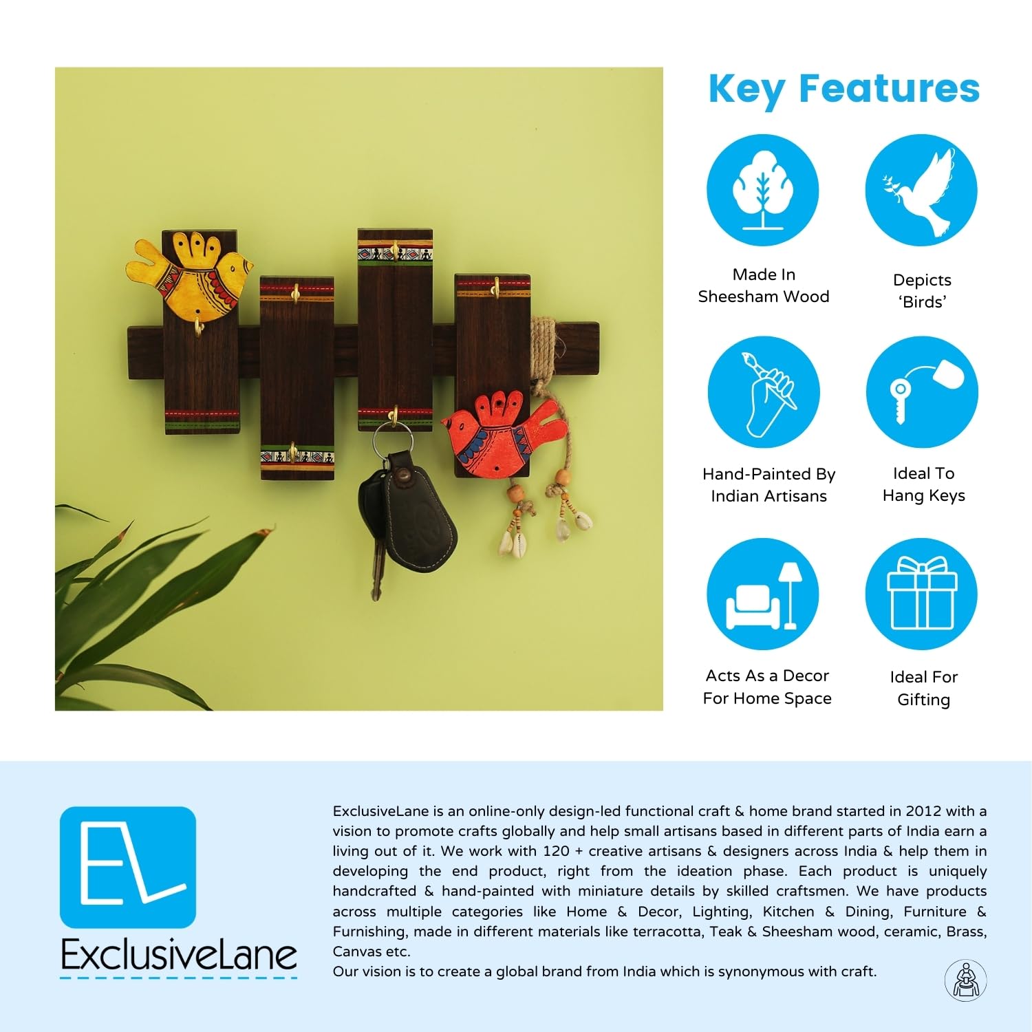 Warli Key Holder - Handpainted Wooden Key Hooks -6