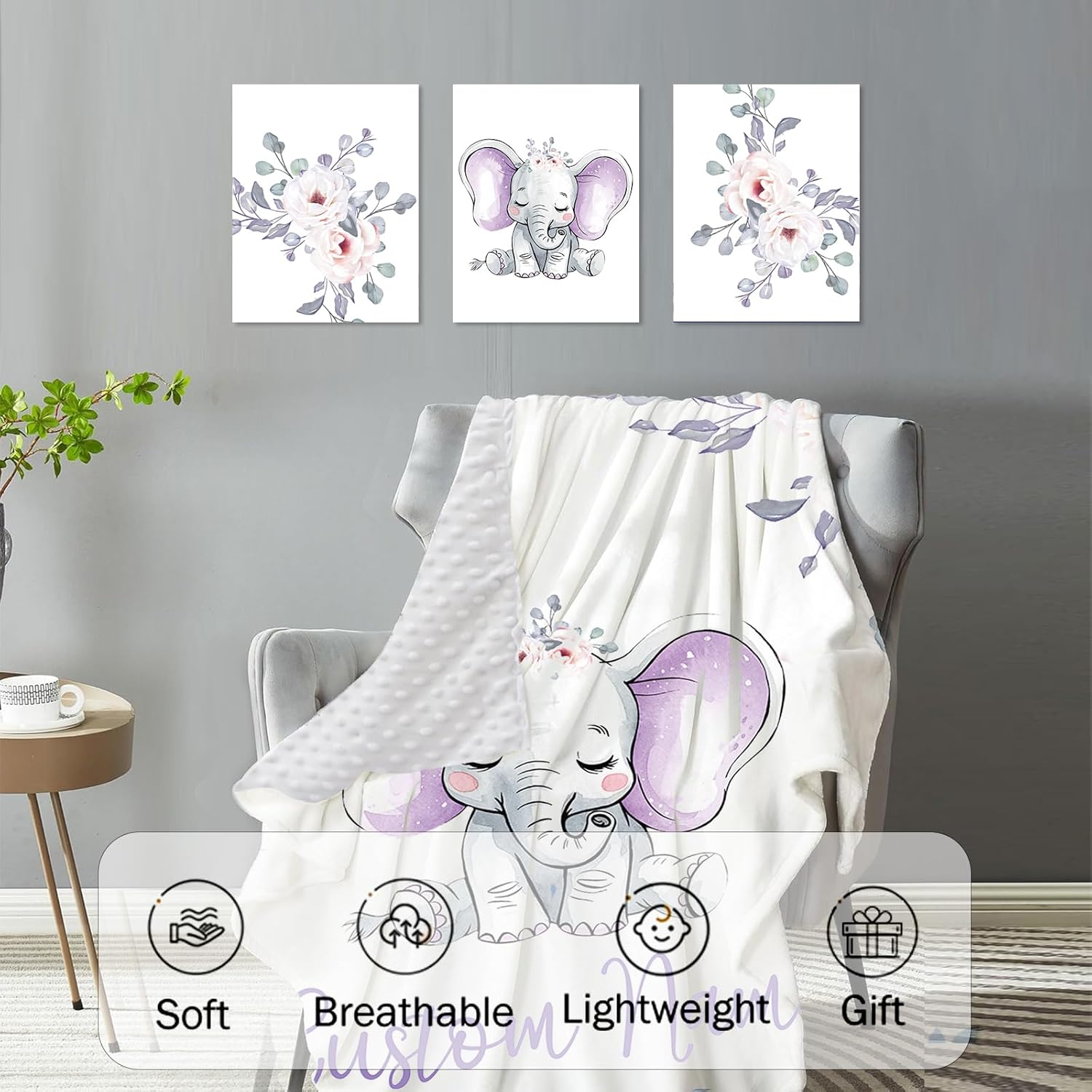 Custom Baby Crib Bedding Set,Personalized Name Light Purple Elephant Nursery Bed Set 4 Piece,Baby Blanket Fitted Sheet Nursery Rug Wall Art Set,Custom Room Decor Idea Gift for Newborns Boys Girls