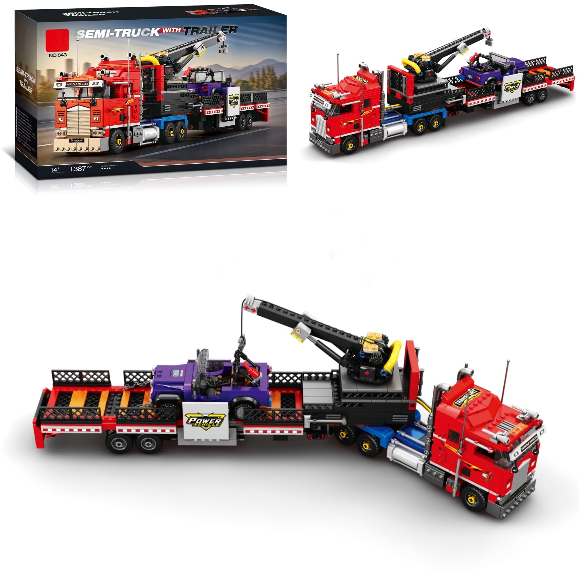 American Semi-Truck Building Block Sets, Road Rescue Vehicle with Crane
