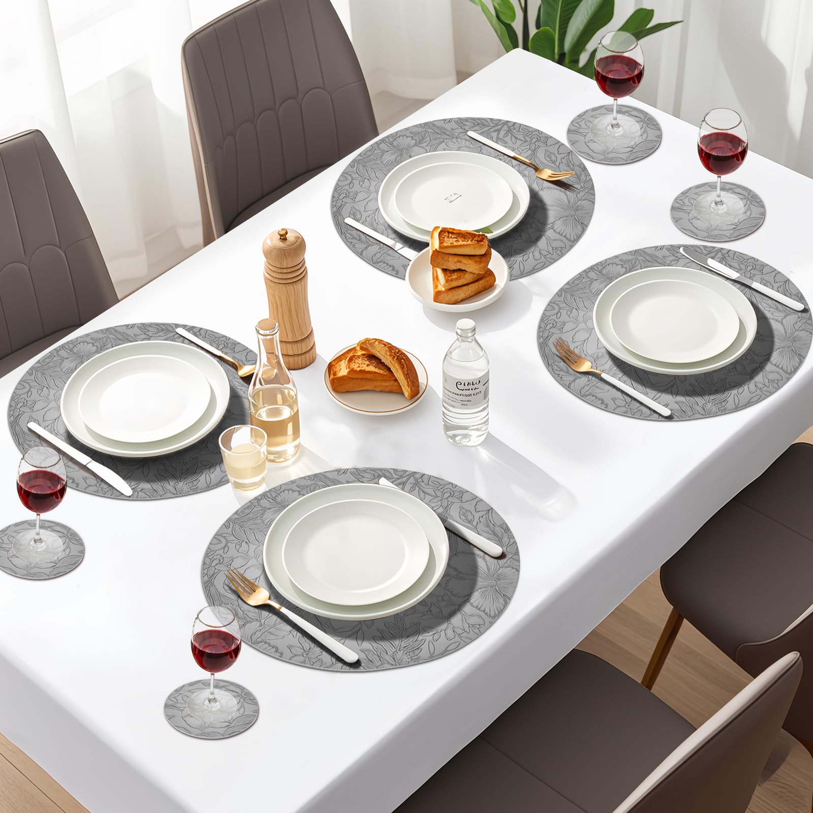 6 Runde Tischsets Aus Geprägtem Kunstleder – Wasserdicht, Ø 38,1 Cm, Grau, Abwischbar Für Esstisch & Küche