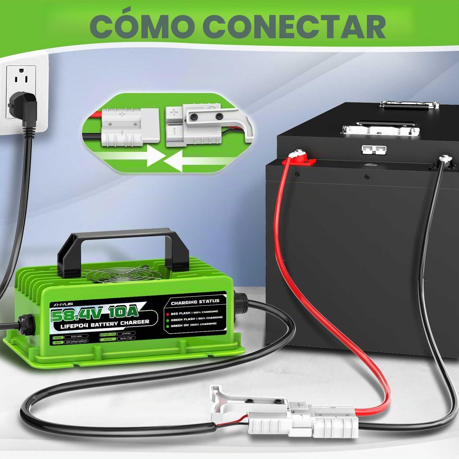 58,4V 10A Cargador de batería LiFePO4 para baterías Recargables de Ciclo Profundo de fosfato de Hierro y Litio de 48V (51,2V)