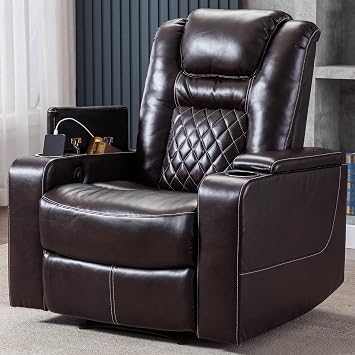 CANMOV Electric Power Recliner Chair with USB Ports and Cup Holders, Breathable Leather Home Theater Seating with Hidden Arm Storage Brown