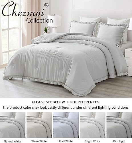 Miniatura 7 de Chezmoi Collection Juego de edredón Nora de microfibra lavada suave con ribete de volados, 3 piezas (tamaño matrimonial, color gris claro)