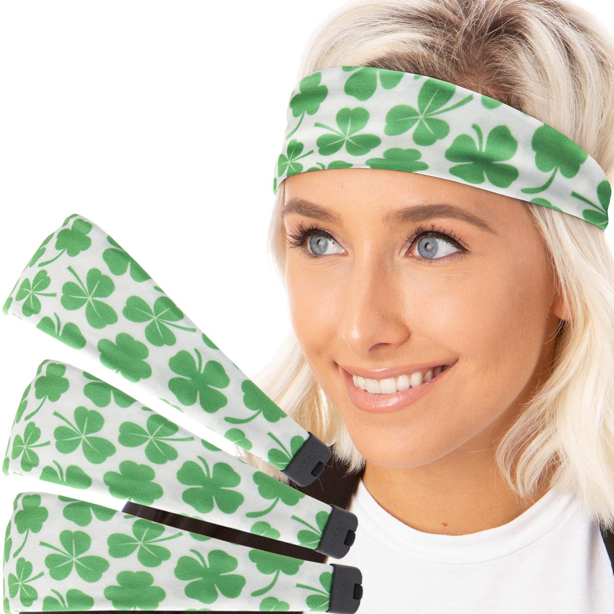 Hipsy Irish Green Headband St Patricks Day Accessories Clover Shamrocks Headband Multi Packs (St Patrick's White Shamrocks Xflex 3pk)