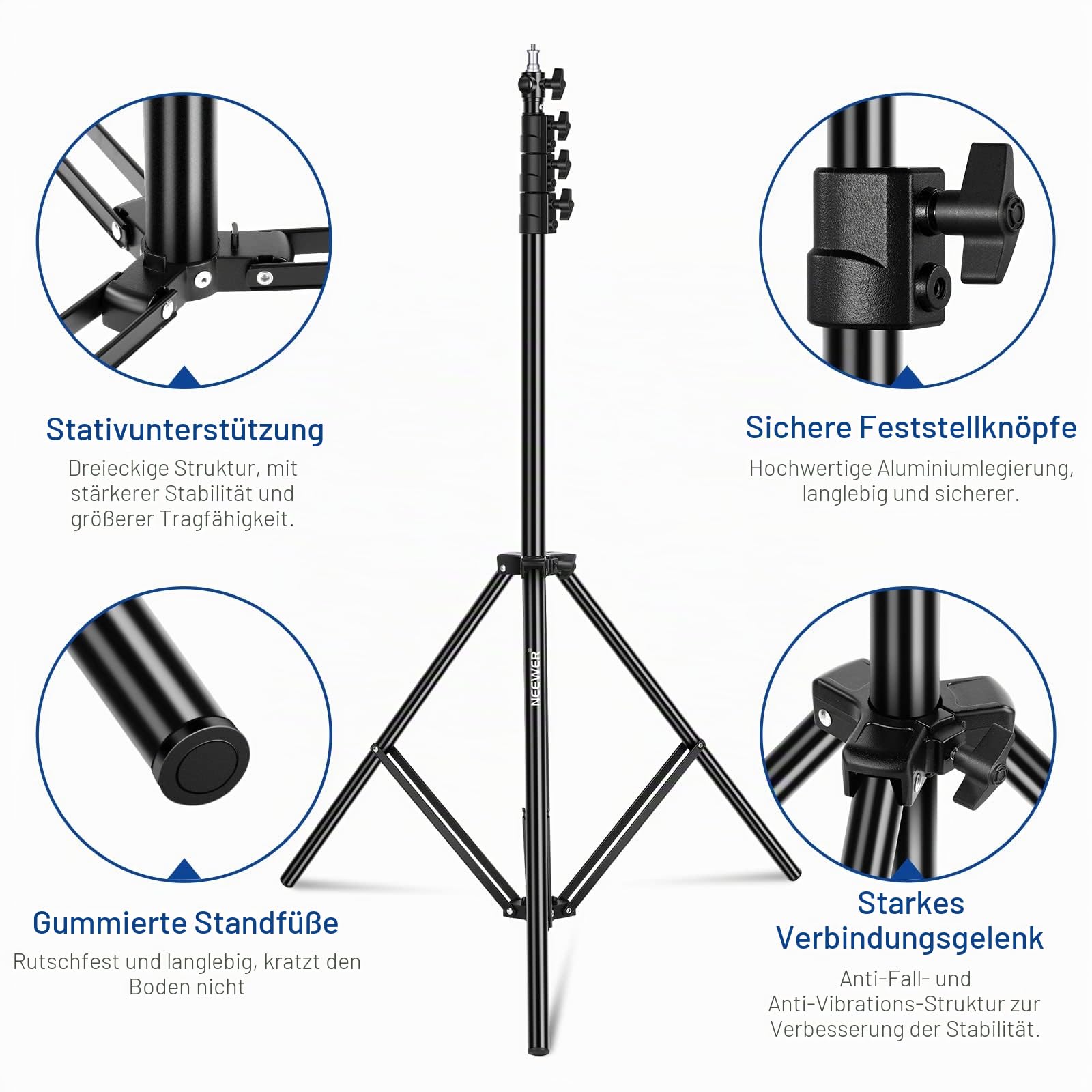 NEEWER 3m Lichtstativ, Luftgepolstertes Heavy Duty Metallstativ für Ringlicht Fotografie Lampen mit 1/4" zu 3/8" Schraubadapter und 3 Wege Schnittstellen, Tragfähigkeit: 2,5kg, ST-300AC