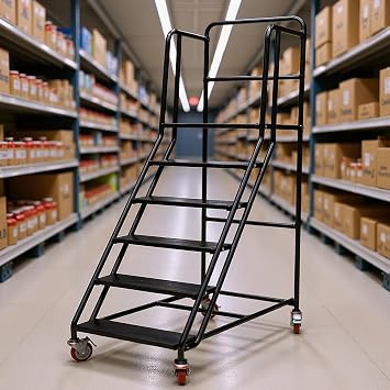 6-Steps Rolling Stairs with Wheels, Rolling Steps Ladder Industrial Warehouse Mobile Stairs, Non Slip Factory Pickup Shelf, Supermarket Climbing Ladder for Garage, Library black, 6 Steps