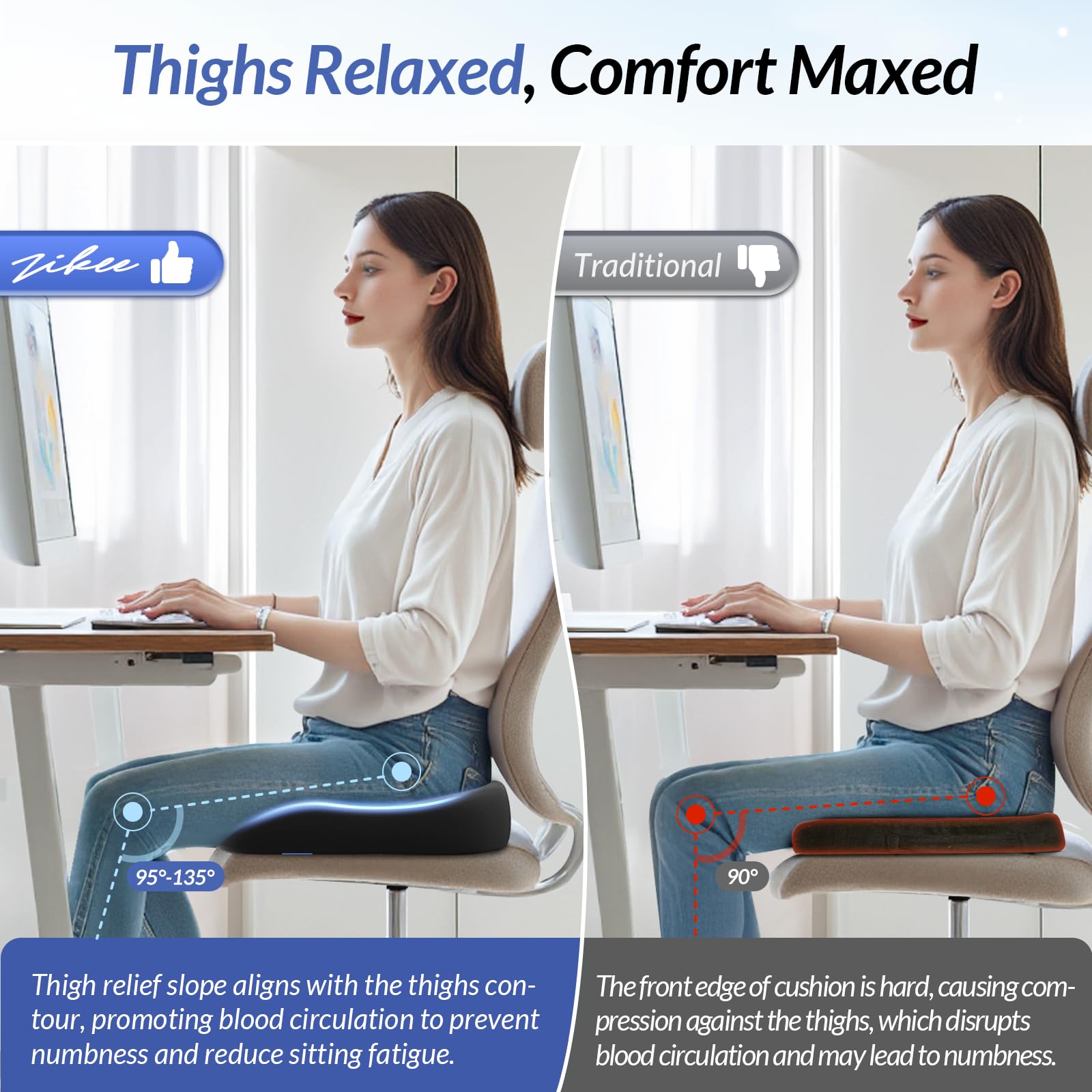 ZIKEE Cojín de asiento ergonómico con pendiente de alivio de muslo, cojines de espuma viscoelástica de alta densidad para silla de oficina con respaldo en forma de U para coxis, alivio del dolor de