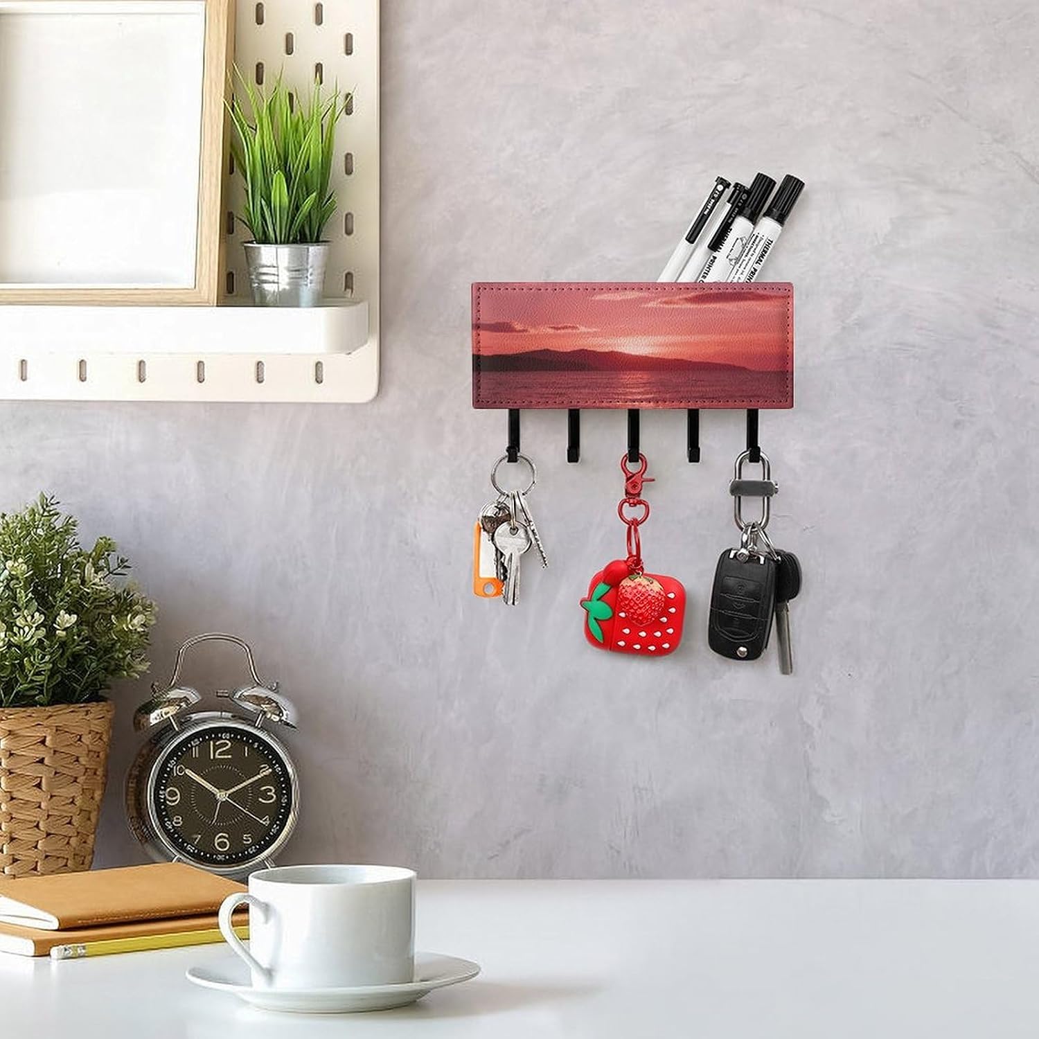 Key Holder Wall Mount Key Hanger with 5 Hooks, Decorative Key Rack | Bright Rose Red Hanging Key Hooks with Mail Organizer for Wall Living Room Kitchen Bathroom Hallway